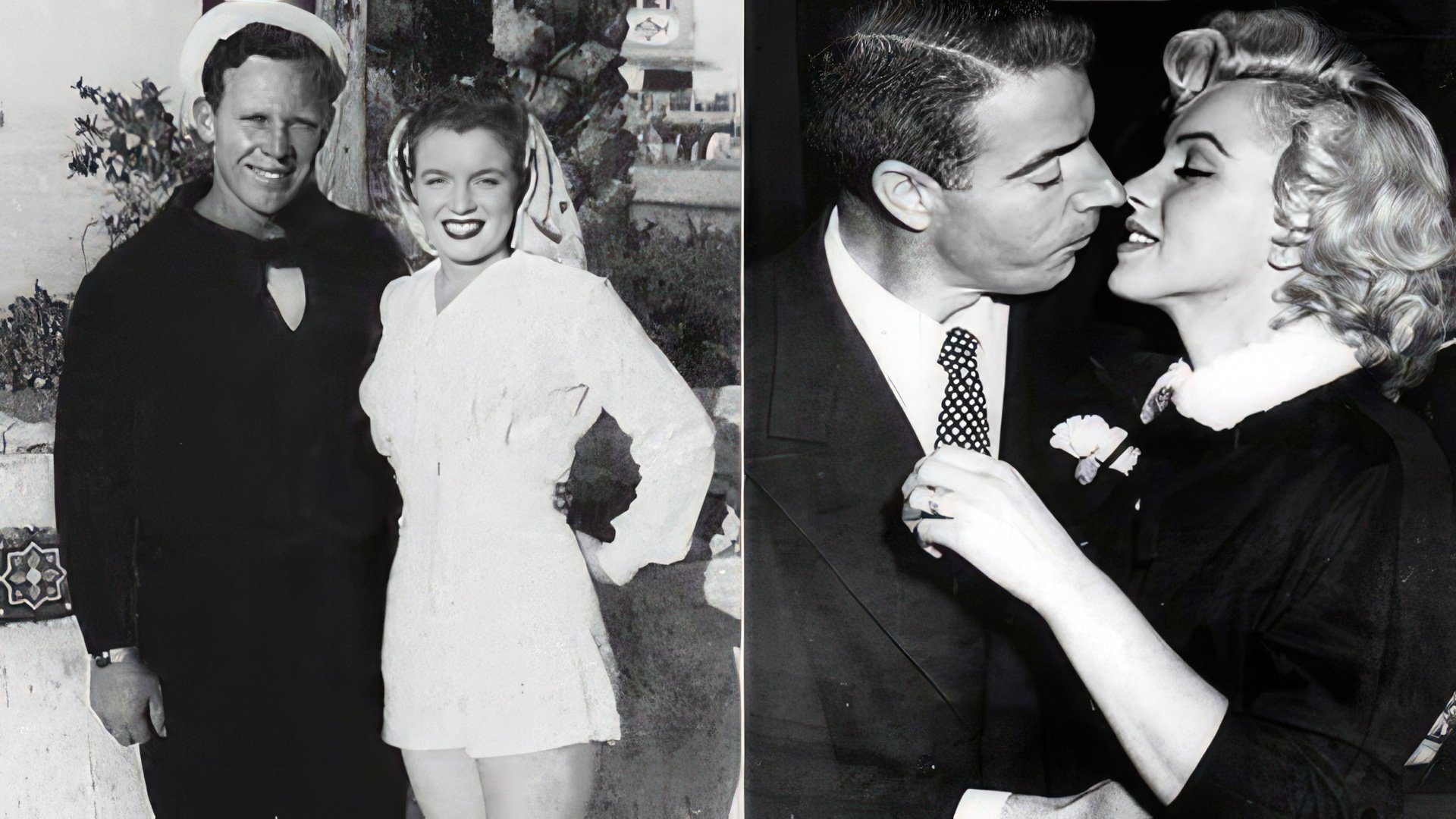 Marilyn Monroe i jej byli mężowie: James Dougherty (z lewej) i Joe DiMaggio (z prawej)
