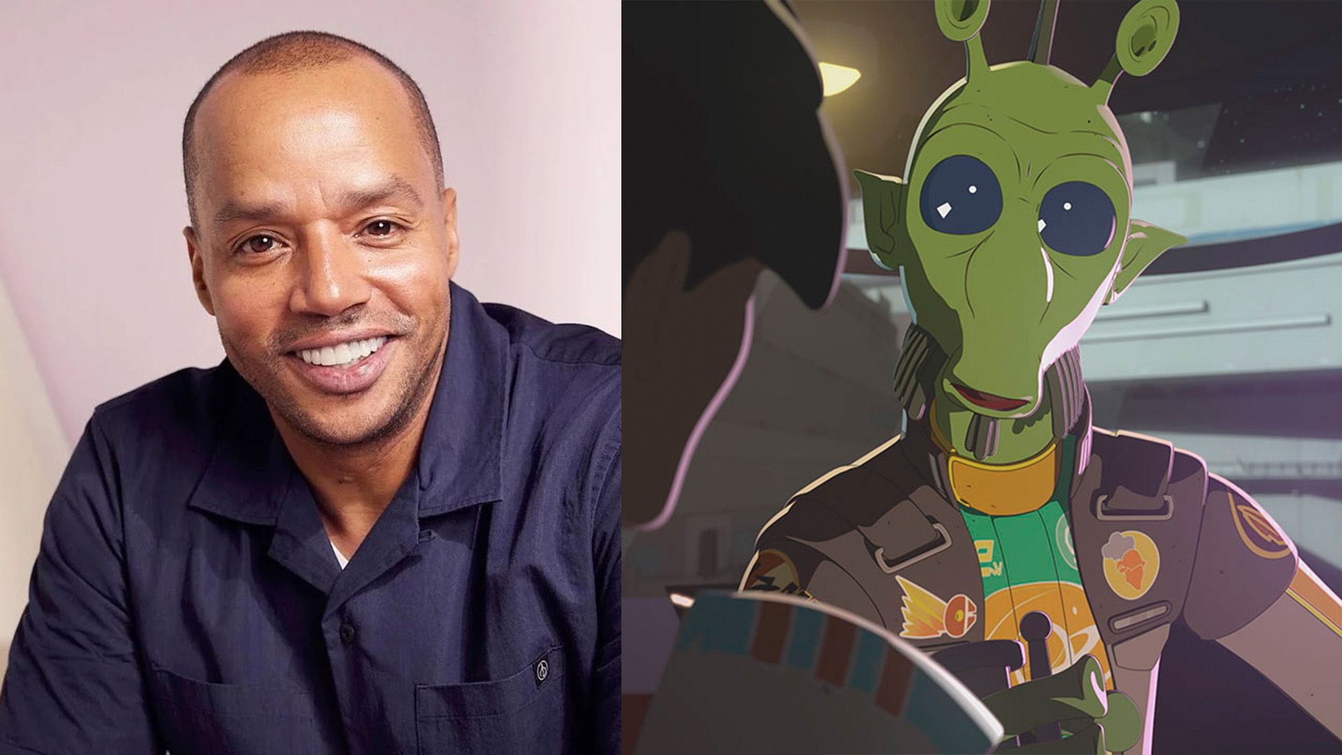 Kolaż: Donald Faison i narysowany zielony kosmita z dużymi czarnymi oczami Hype Fazon