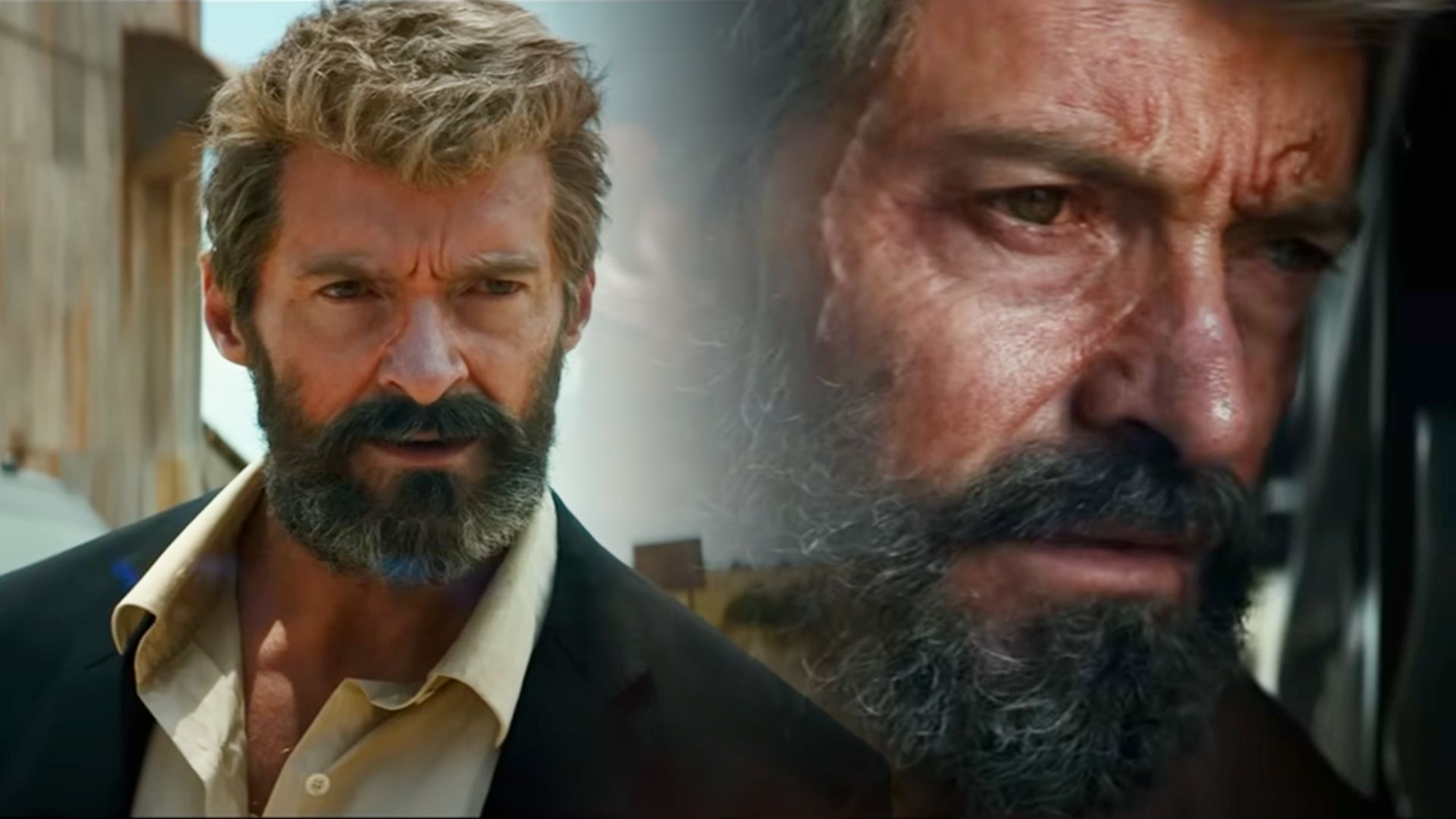 Aktor Hugh Jackman w czarnym garniturze z siwymi włosami