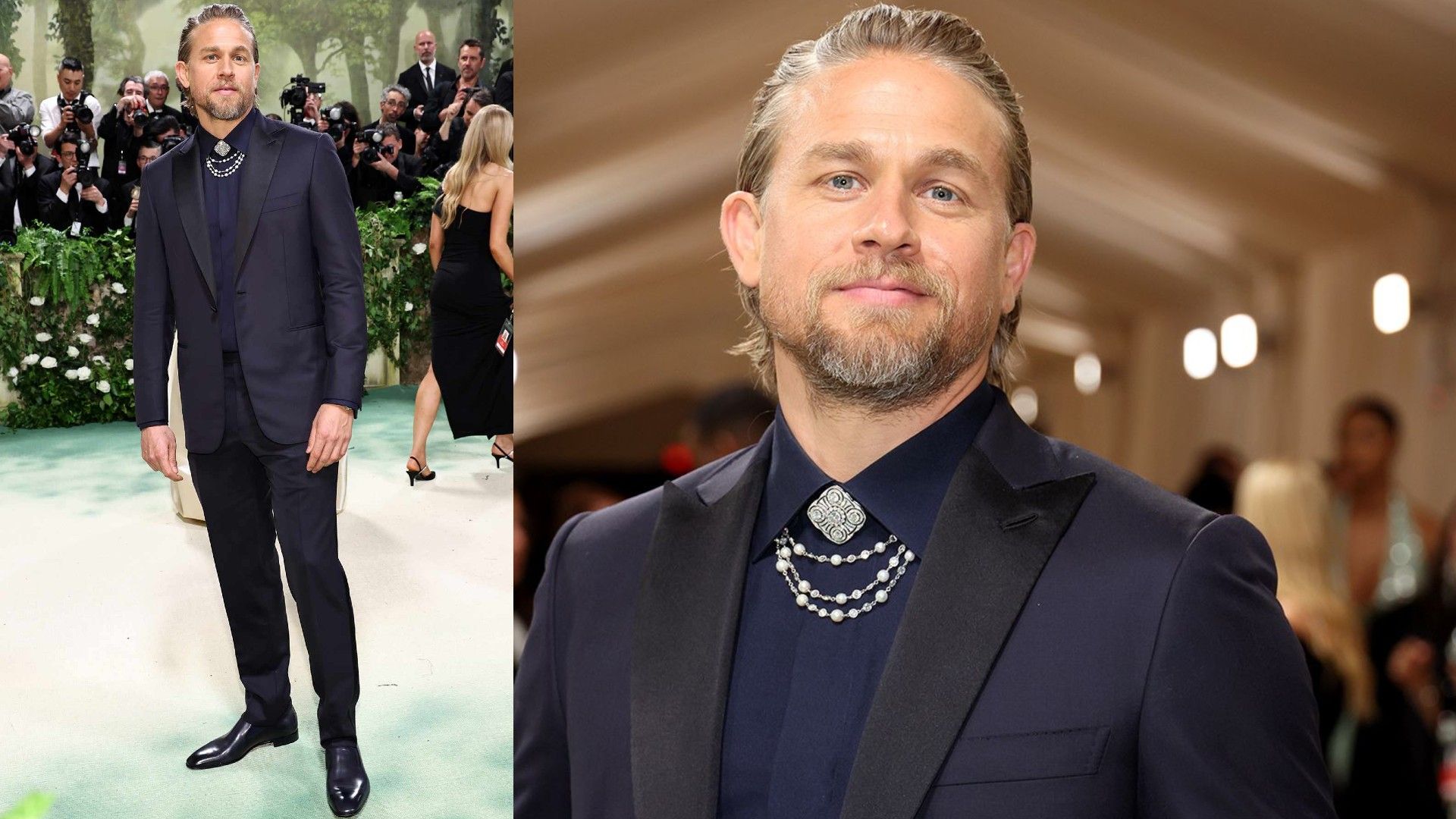 Charlie Hunnam w granatowym garniturze, zdjęcie z Met Gala 2024, kolaż dwóch zdjęć
