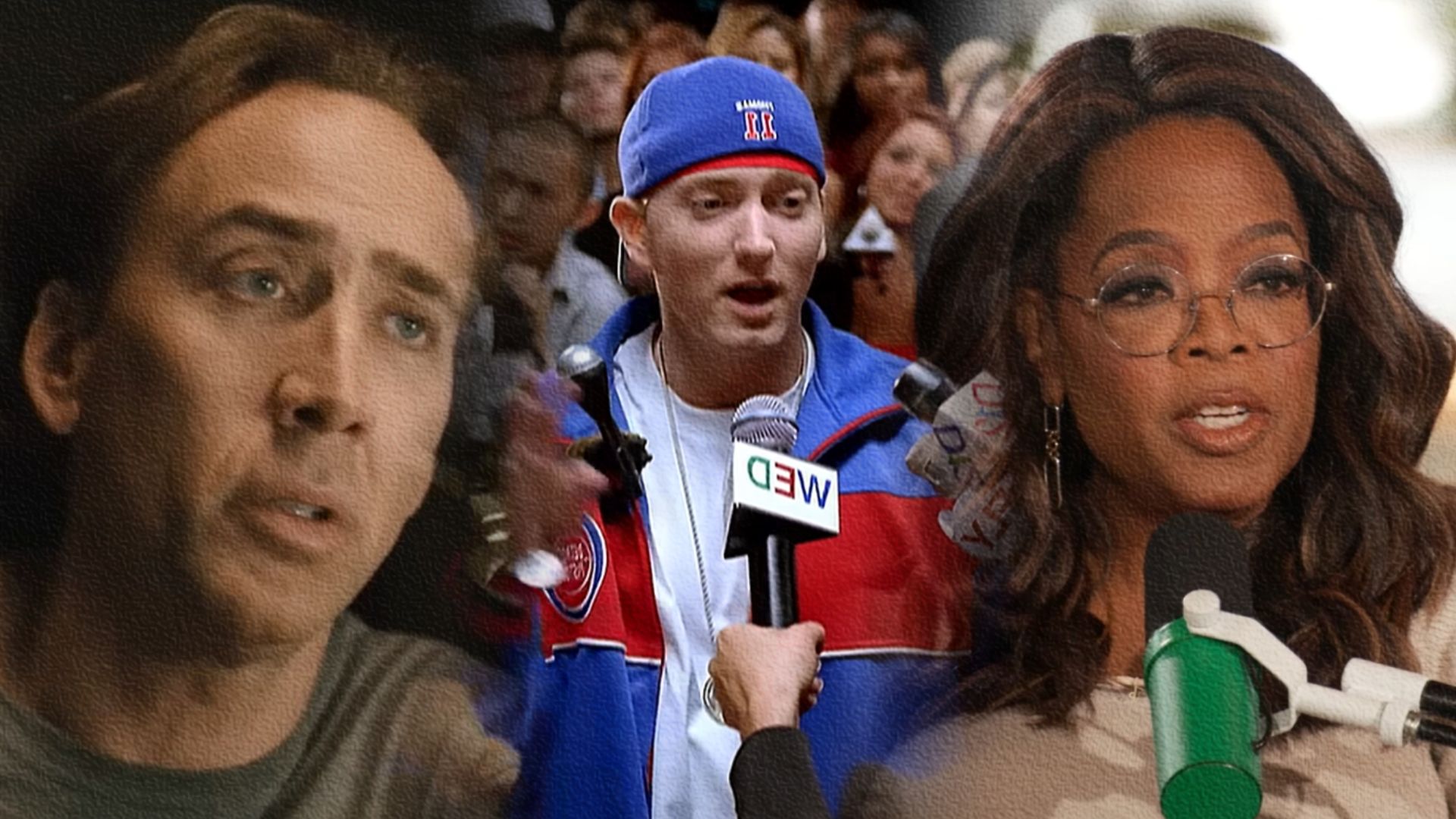 Aktor Nicolas Cage w szarym T-shircie, raper Eminem w niebieskiej czapce, prezenterka telewizyjna Oprah Winfrey w beżowym swetrze