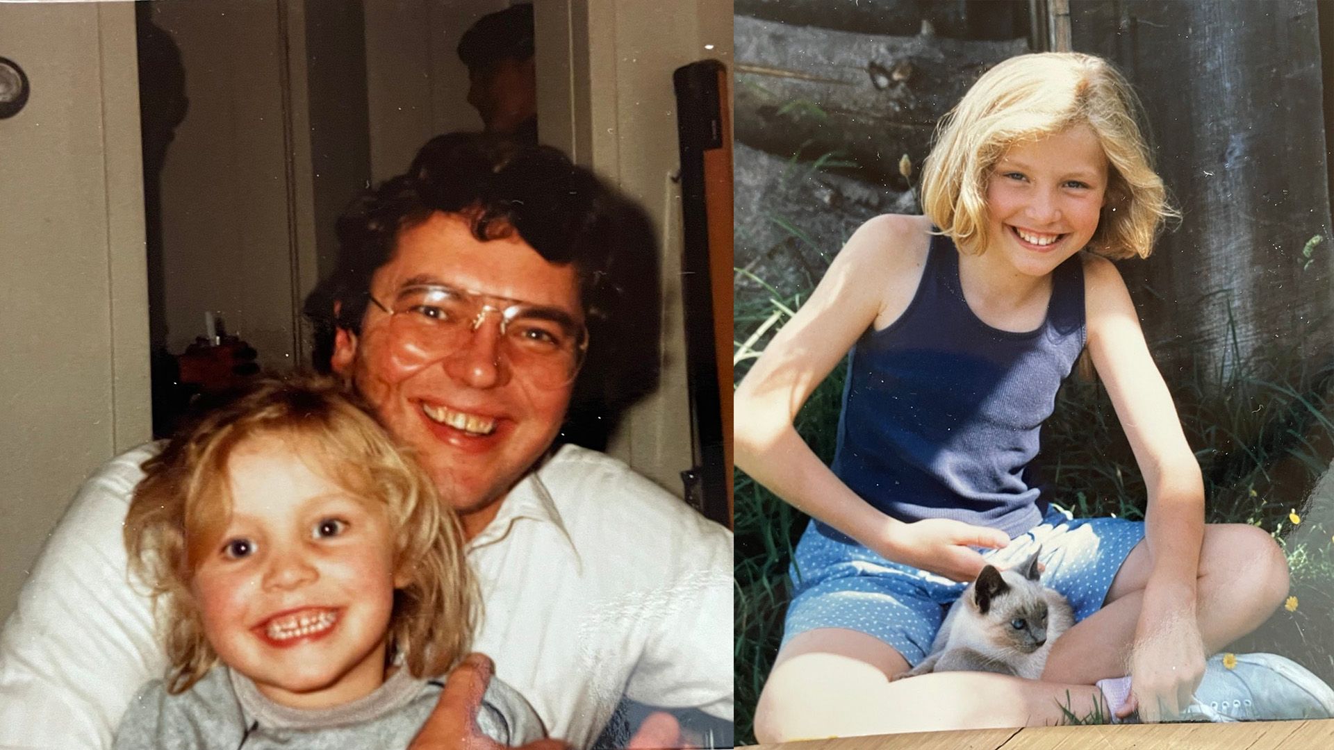 Kolaż: młoda Sarah Chalke z ojcem; Sarah Chalke jako dziecko z kociakiem