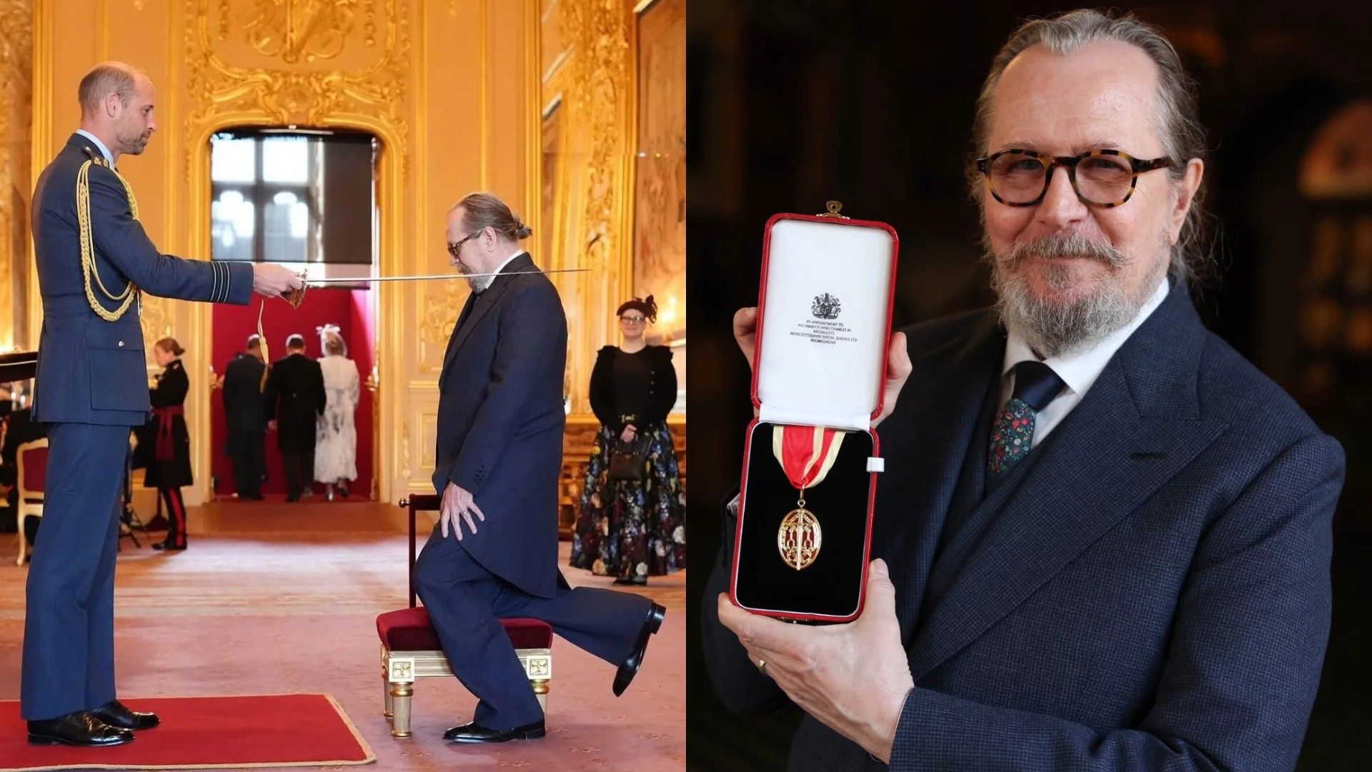 Książę William pasuje Gary'ego Oldmana na rycerza, kolaż dwóch zdjęć