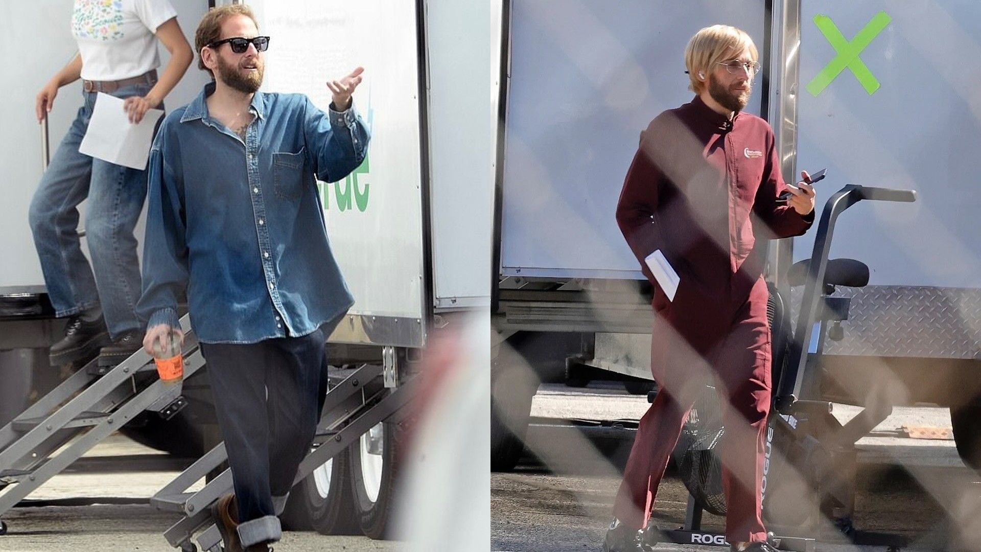 Jonah Hill na planie filmowym, kolaż dwóch zdjęć