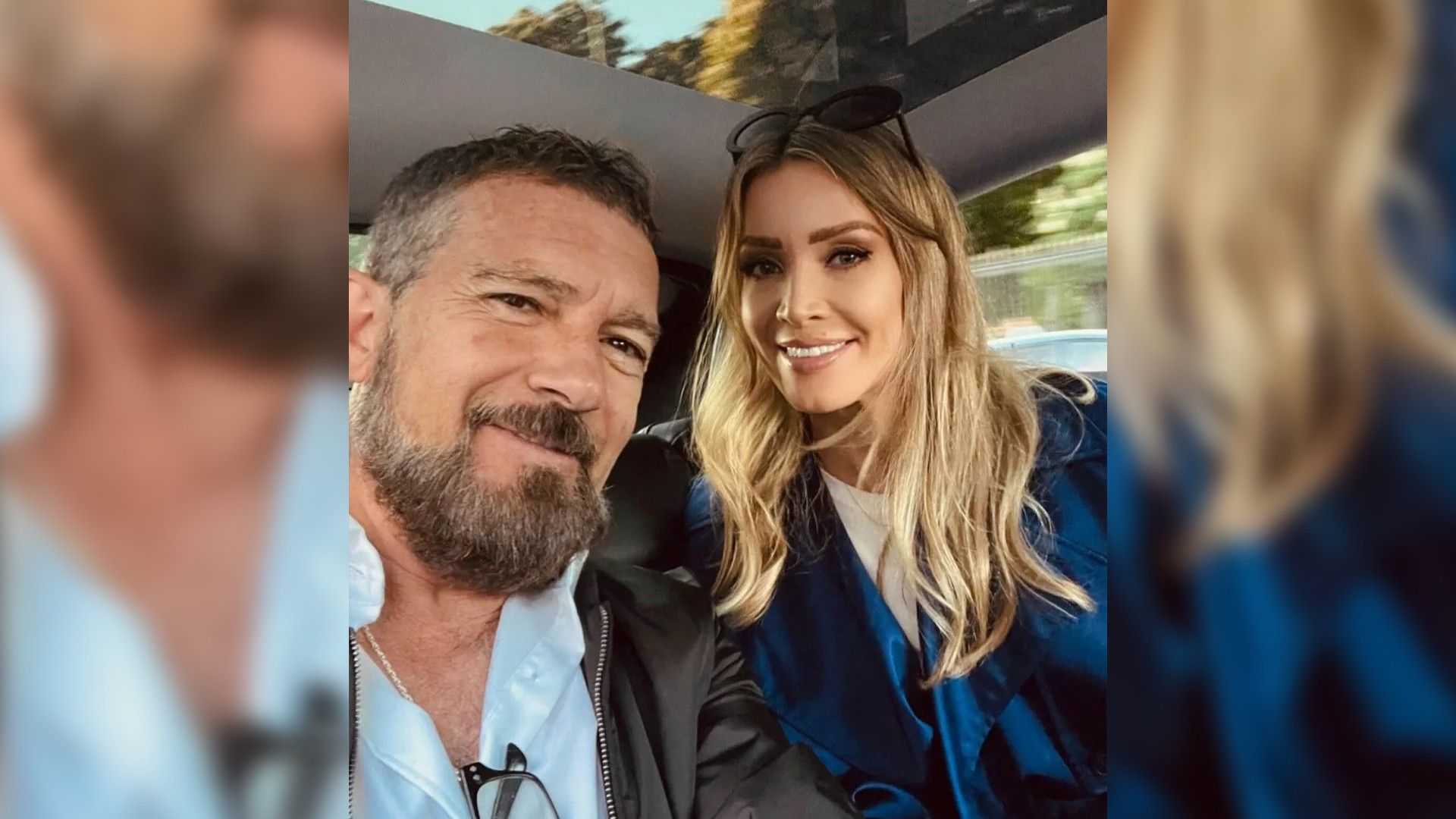 Antonio Banderas i Nicole Kempel robiący sobie selfie w samochodzie