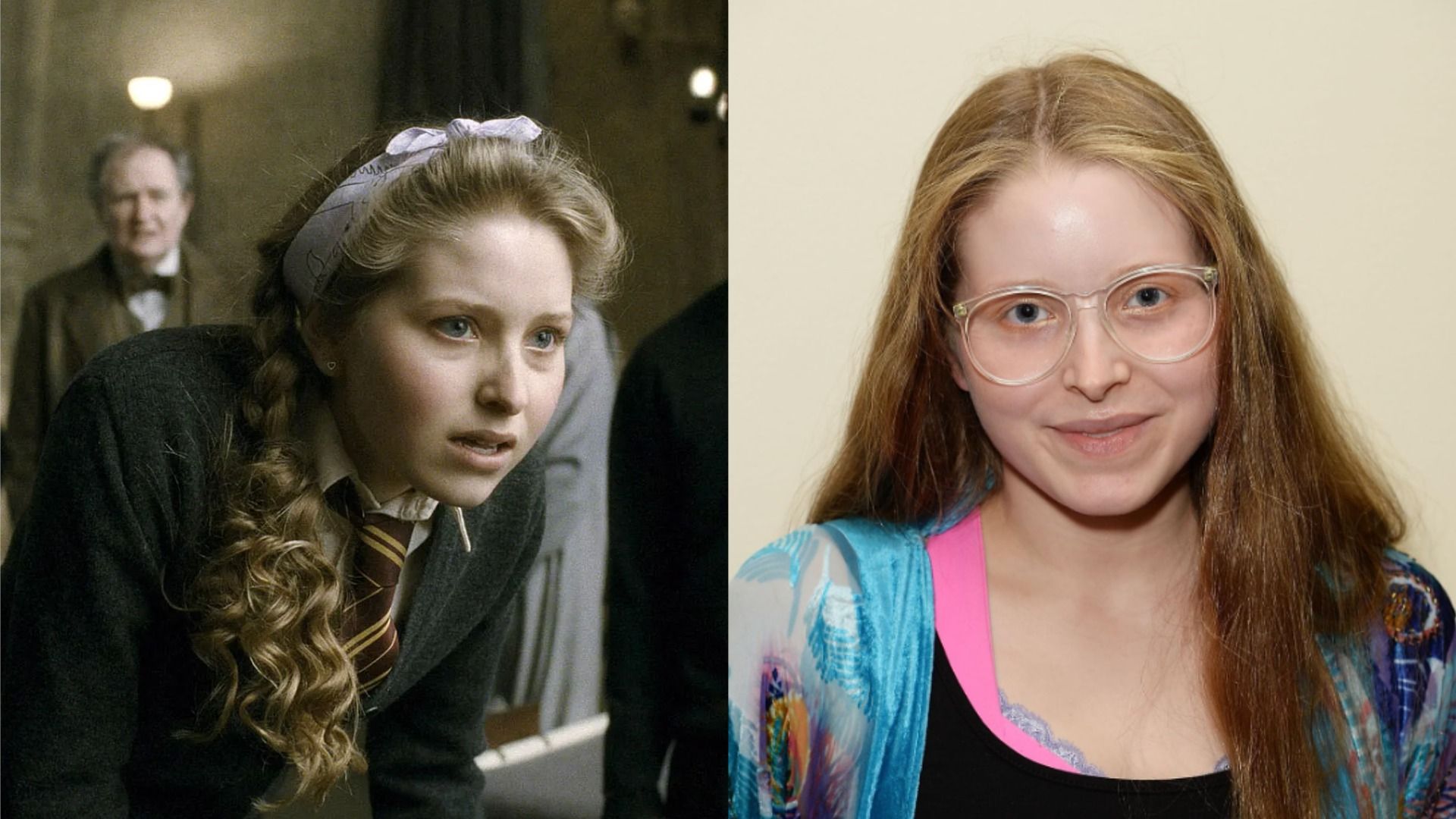 Aktorka Jessie Cave jako Lavender Brown z filmu o Harrym Potterze, ubrana w szkolny mundurek