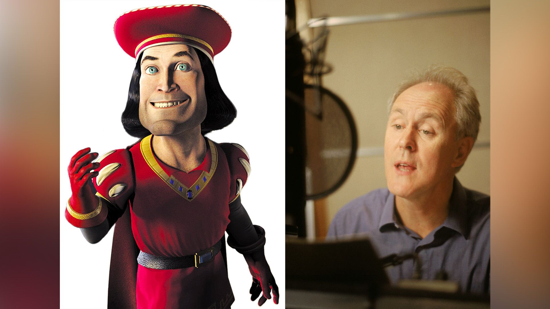 Kolaż: po lewej postać Lorda Farquaada z animacji "Shrek"; po prawej John Lithgow przy mikrofonie