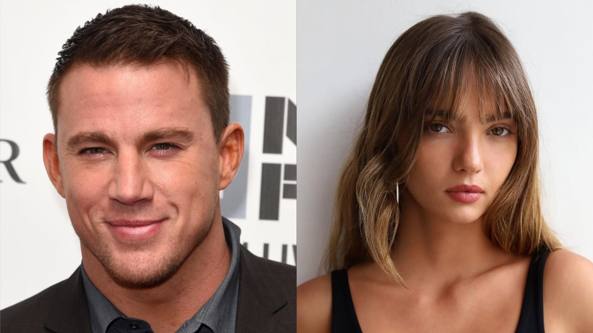 Aktor Channing Tatum w kurtce uśmiecha się i patrzy w kamerę na tle różowego tła, modelka Inka Williams w czarnym topie pozuje na tle białej ściany
