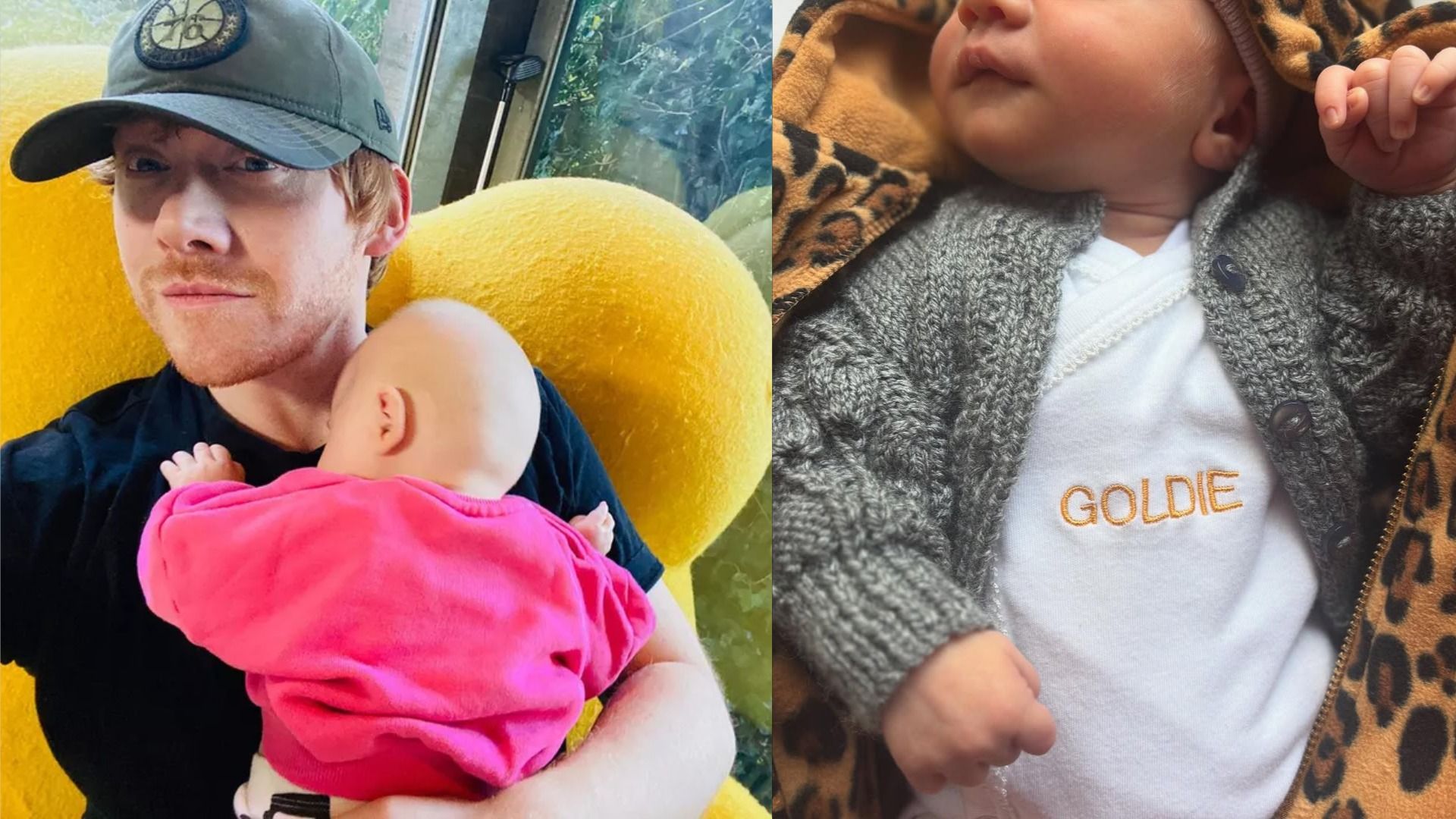 Po lewej, aktor Rupert Grint w czapce trzyma swoją córkę Wednesday siedząc w żółtym fotelu, po prawej - córka Goldie w sweterku i body