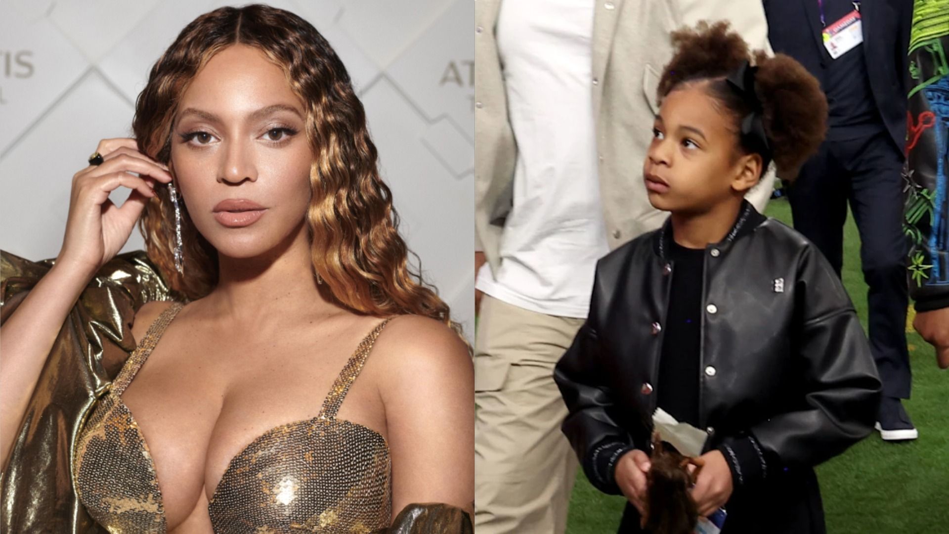 Piosenkarka Beyoncé w złotej sukni patrzy w kamerę na białym tle, a jej córka Rumi Carter w skórzanej kurtce patrzy w bok na tle ludzi