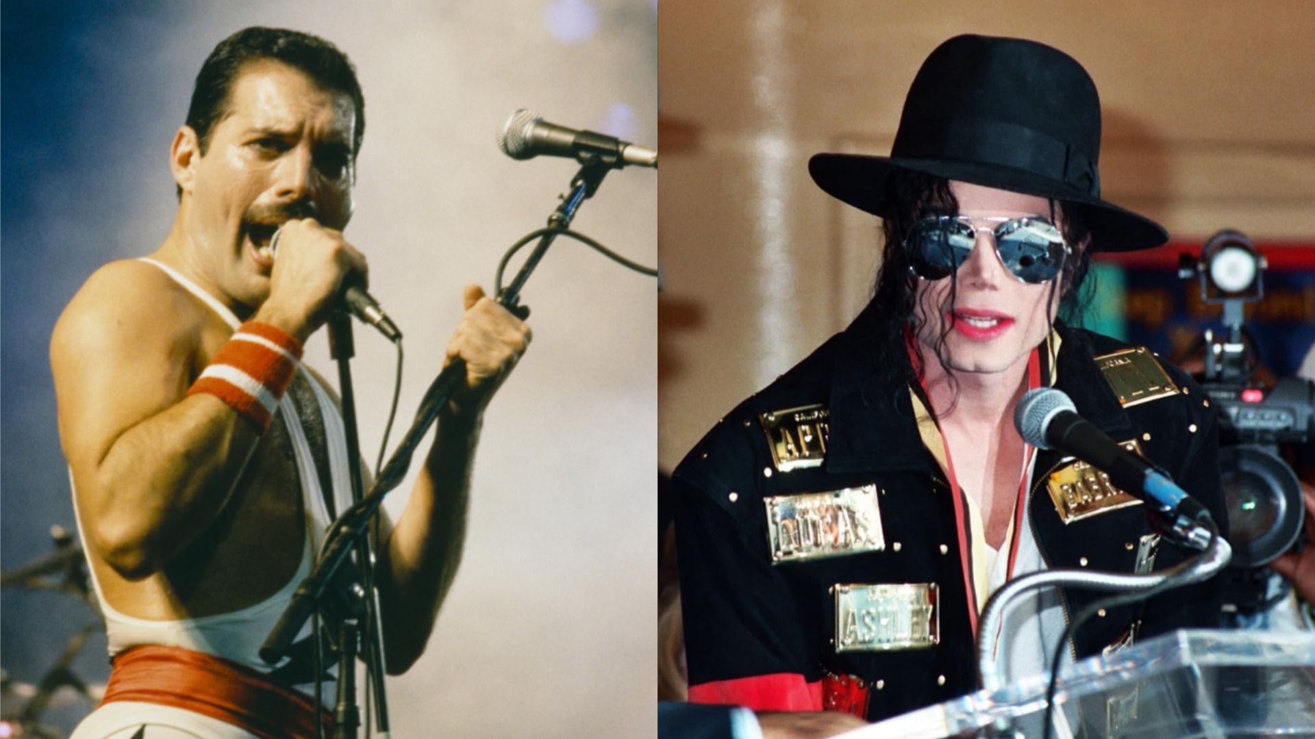 Piosenkarz Freddie Mercury trzyma dwa mikrofony i śpiewa na tle biało-niebieskiego, piosenkarz Michael Jackson w okularach i kapeluszu mówi do mikrofonu