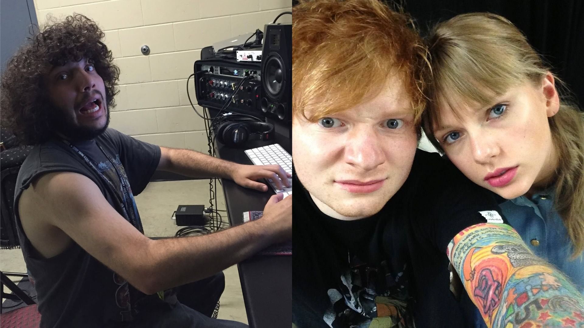 Producent Benny Blanco siedzi przy stole z otwartymi ustami i patrzy w kamerę, piosenkarze Ed Sheeran i Taylor Swift robią selfie patrząc w kamerę