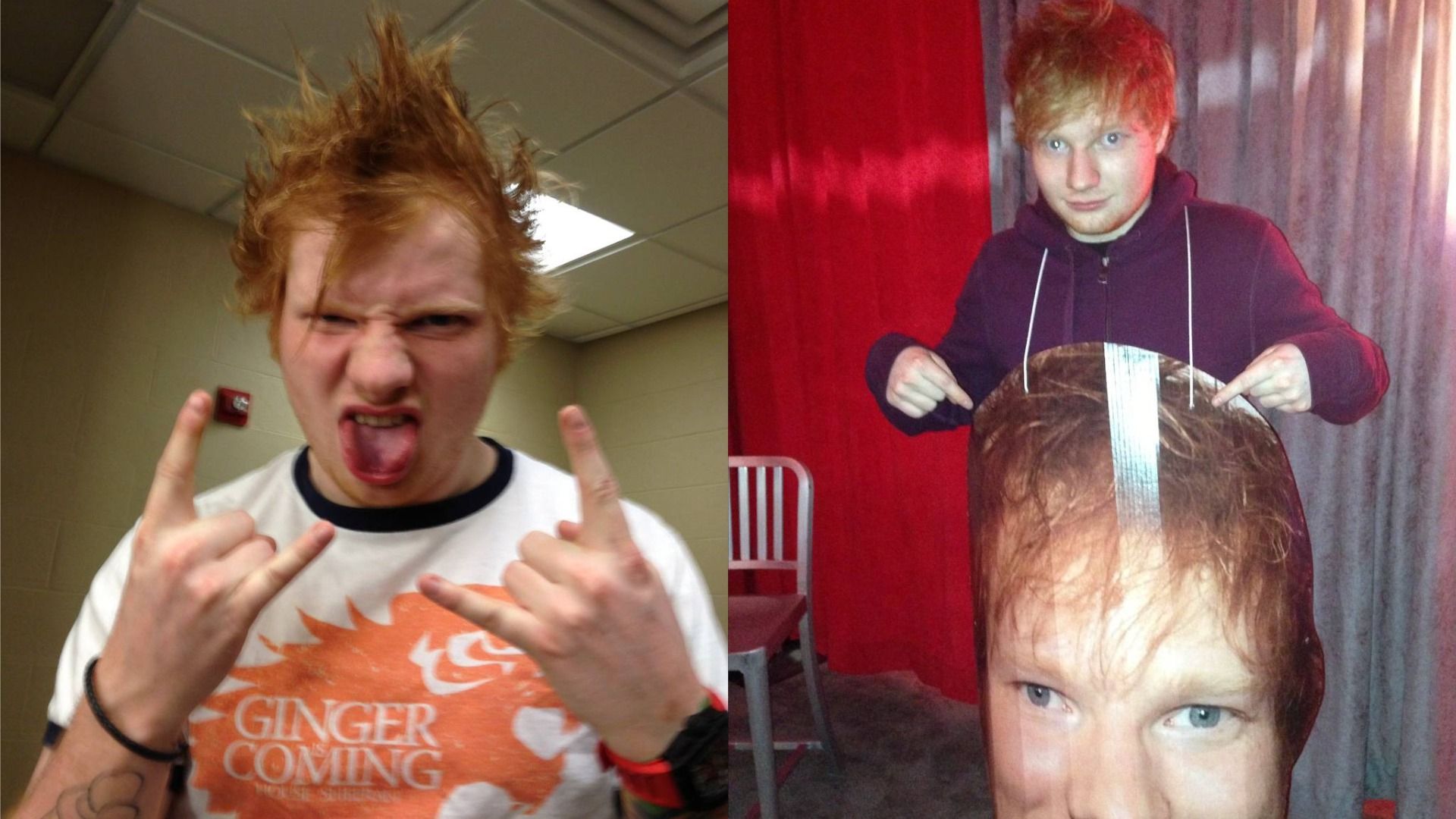 Piosenkarz Ed Sheeran z irokezem pokazuje gest palcem wskazującym i małym