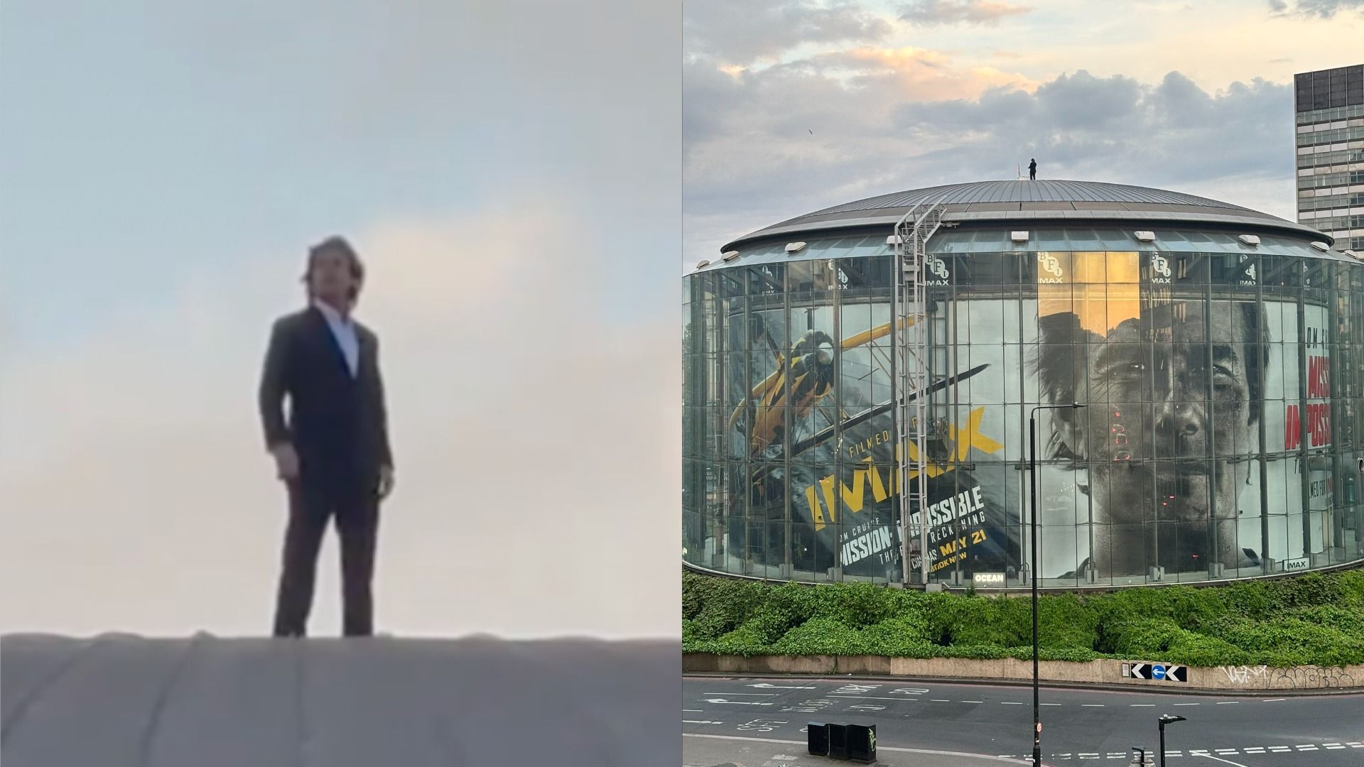 Aktor Tom Cruise w garniturze stoi na dachu wieżowca z plakatami filmu 'Mission: Impossible – Dead Reckoning'