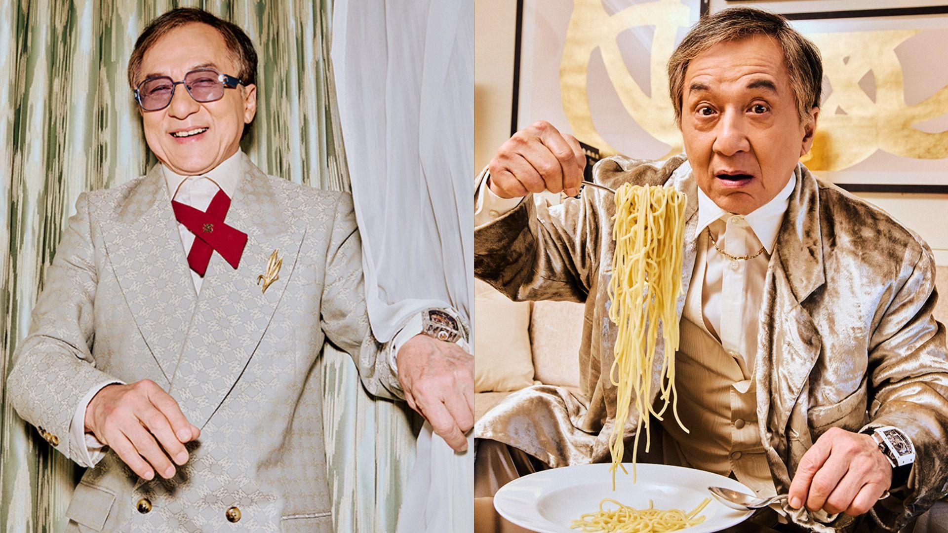 Aktor Jackie Chan w aksamitnej marynarce wygląda zaskoczony, patrząc na kamerę i zbliżając widelec ze spaghetti do ust