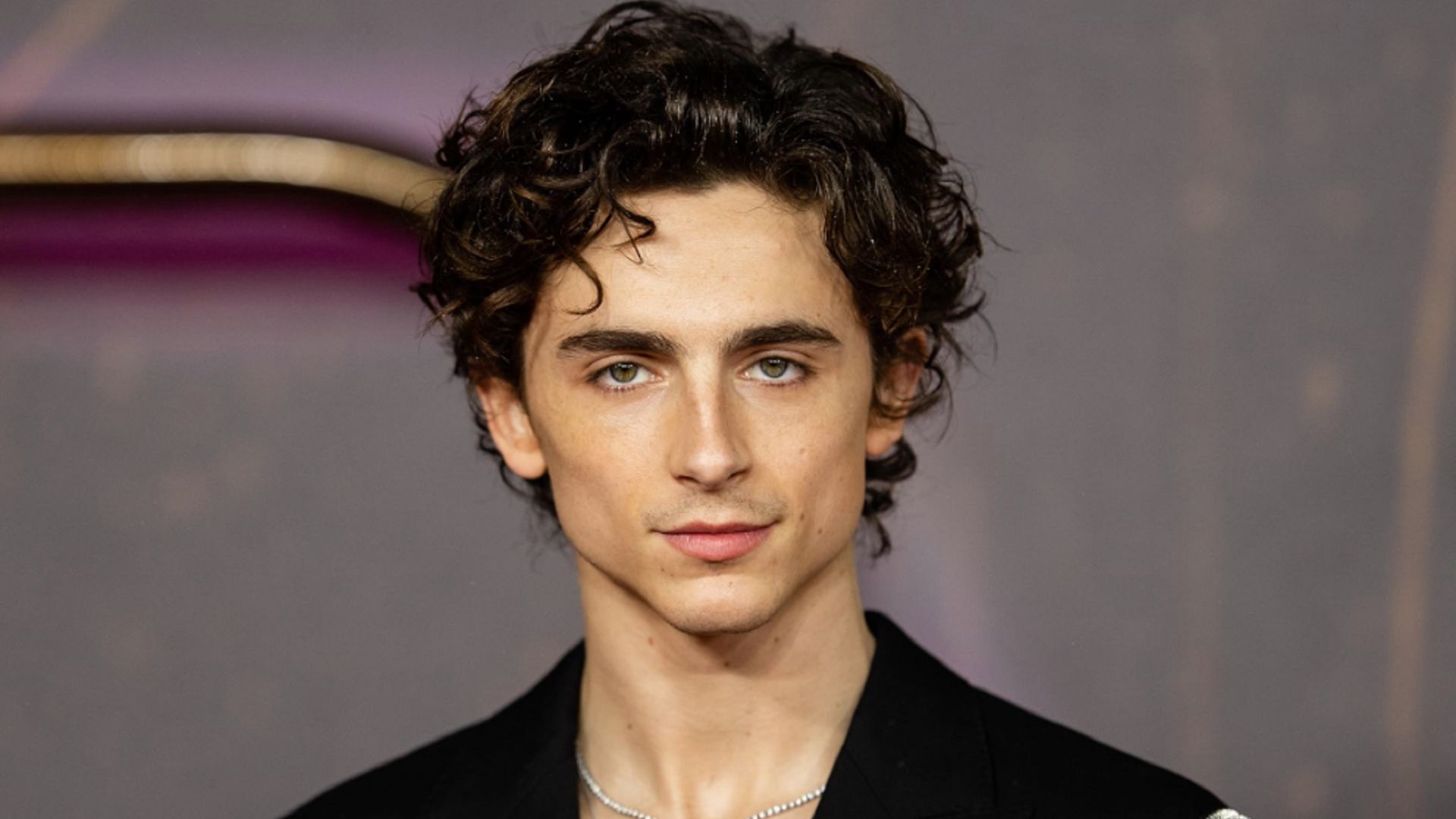 Timothée Chalamet w czarnym garniturze patrzy w obiektyw