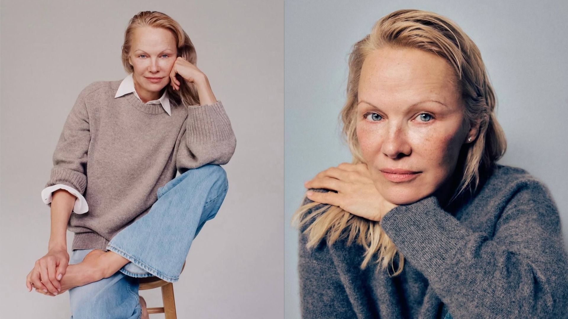 Aktorka Pamela Anderson w beżowym swetrze i białej koszuli siedzi na krześle, trzymając nogę ręką i patrząc w kamerę