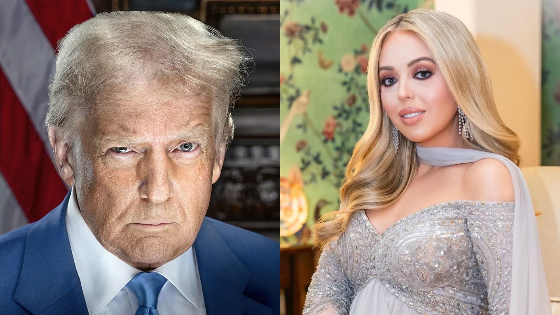 Prezydent USA Donald Trump w niebieskiej marynarce patrzy na kamerę na tle flagi, jego córka Tiffany w białej sukni uśmiecha się do kamery na tle zielonej ściany