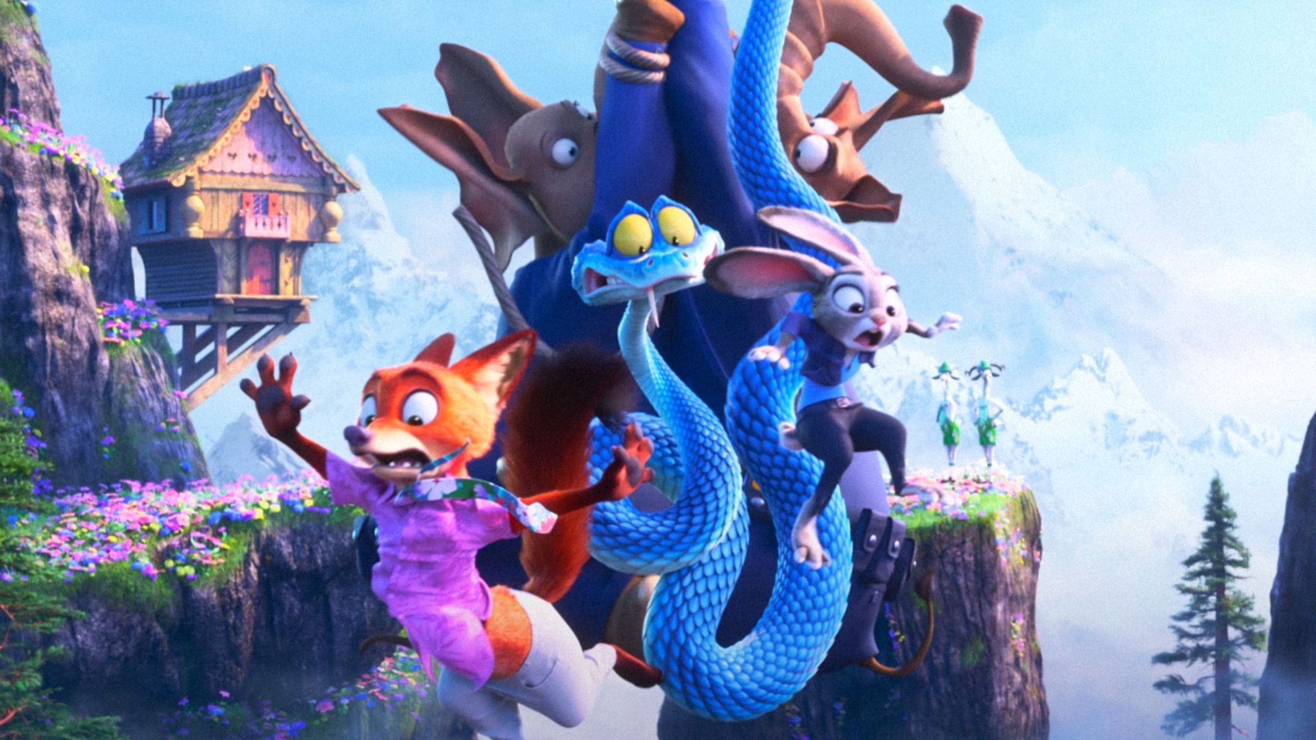 Postacie z filmu animowanego 'Zootopia 2' lecące w dół na tle górzystych krajobrazów