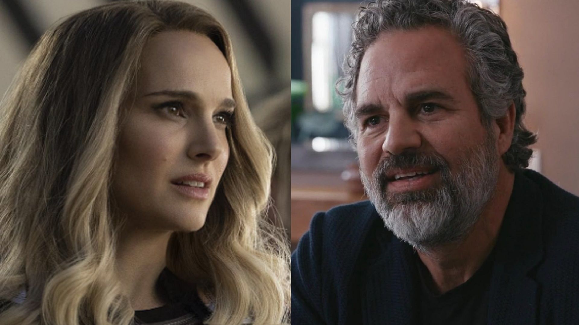Postacie Natalie Portman i Marka Ruffalo z różnych filmów patrzą na siebie