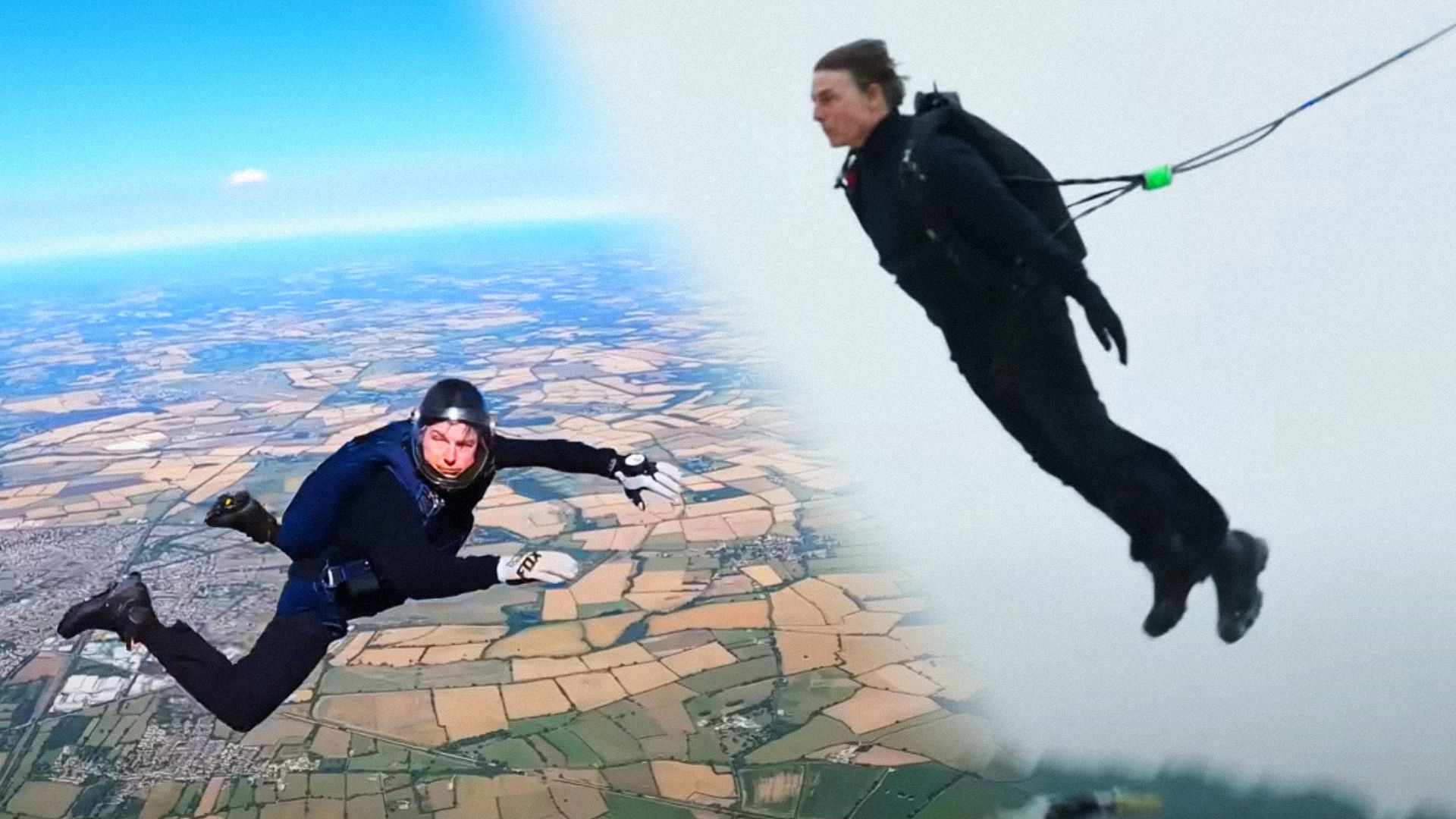 Tom Cruise w czarnym kombinezonie i kasku podczas skoku spadochronowego patrzy w kamerę na tle nieba