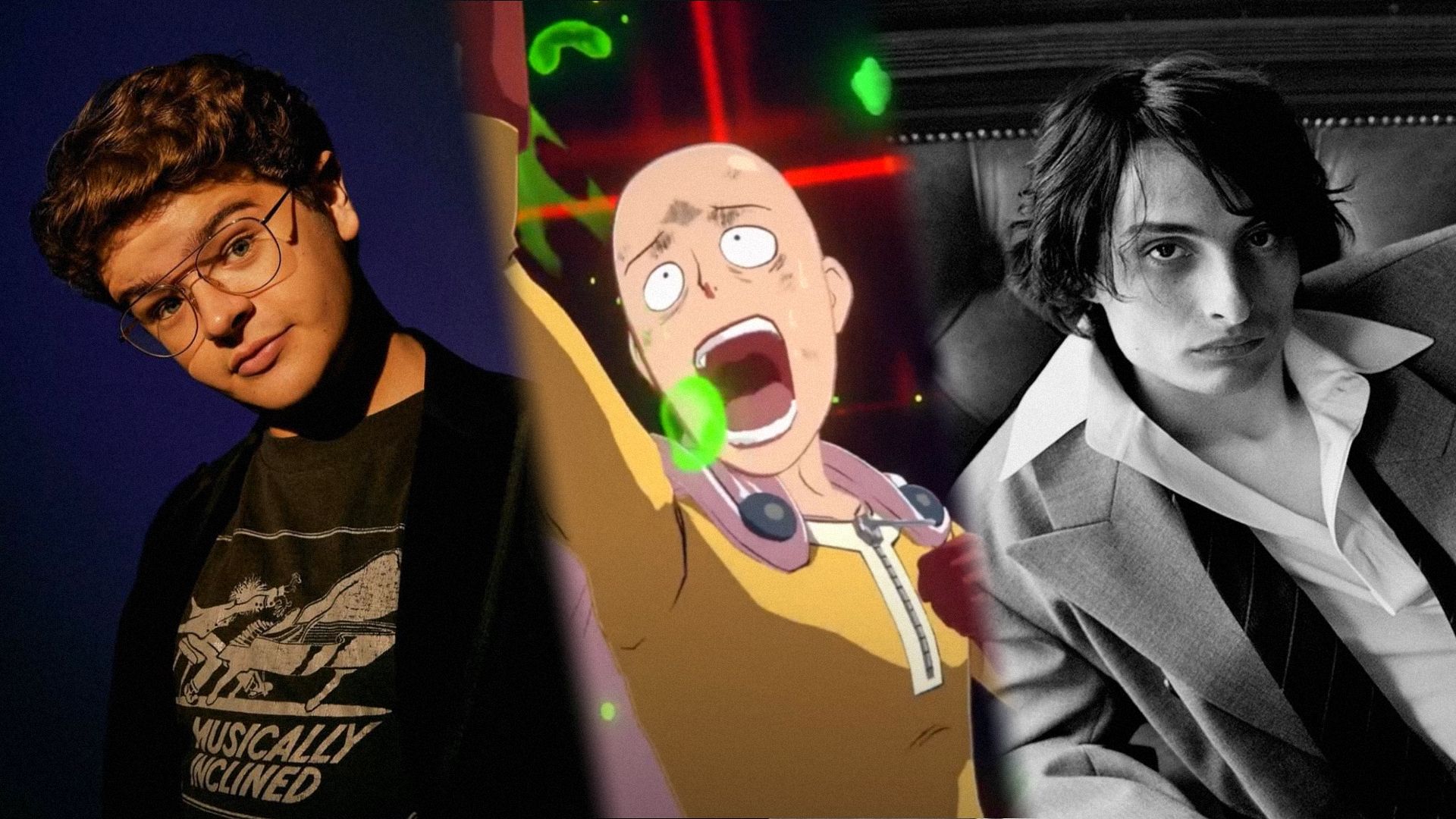 Po lewej: aktor Gaten Matarazzo w czarnej kurtce. Pośrodku: postać z anime Saitama krzyczący. Po prawej: aktor Finn Wolfhard w białej koszuli patrzący w kamerę