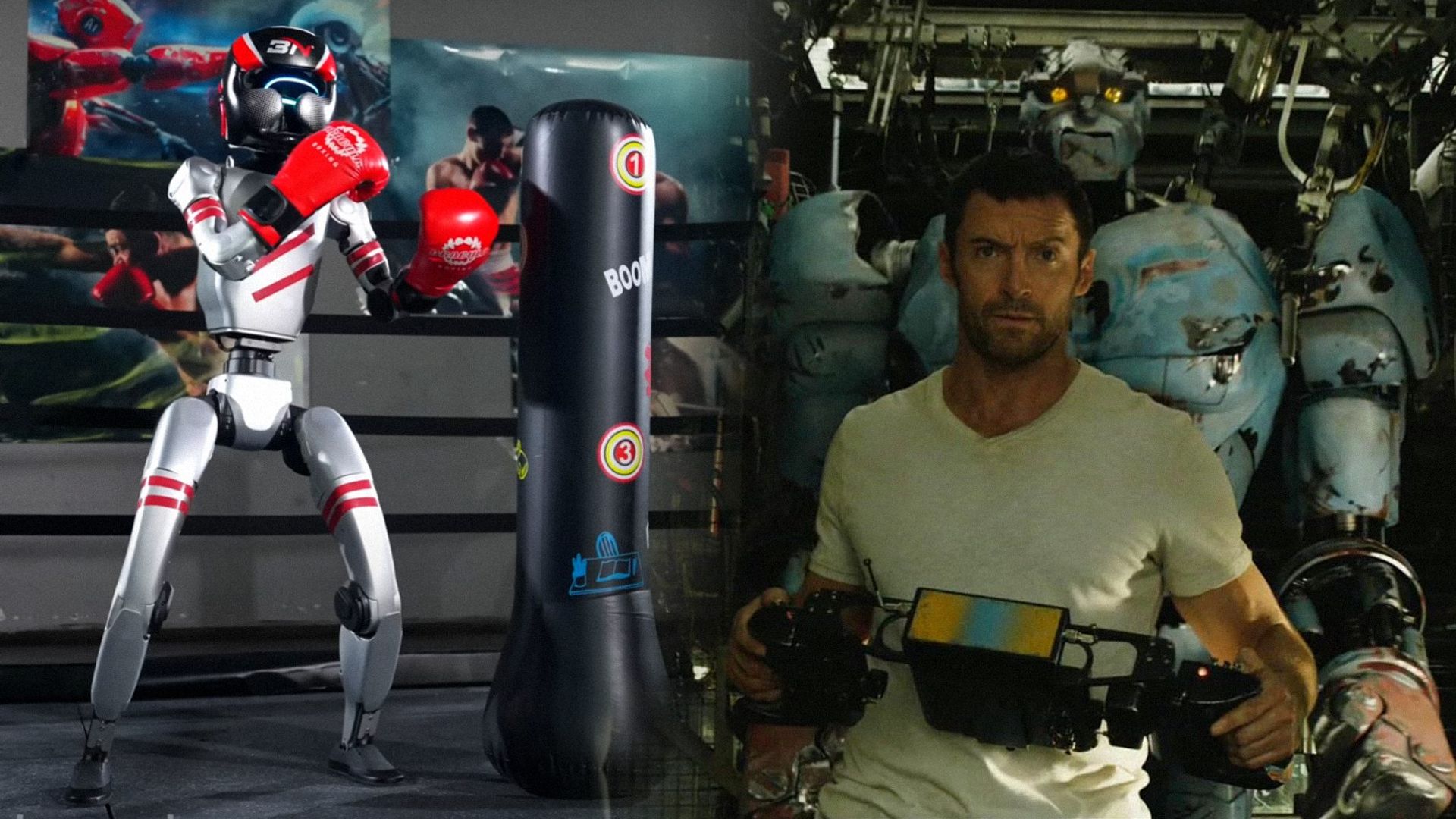 Po lewej: robot wojownik w czerwonych rękawicach stoi na środku ringu, podnosząc pięści. Po prawej: aktor Hugh Jackman z pilotem i robot stojący za nim