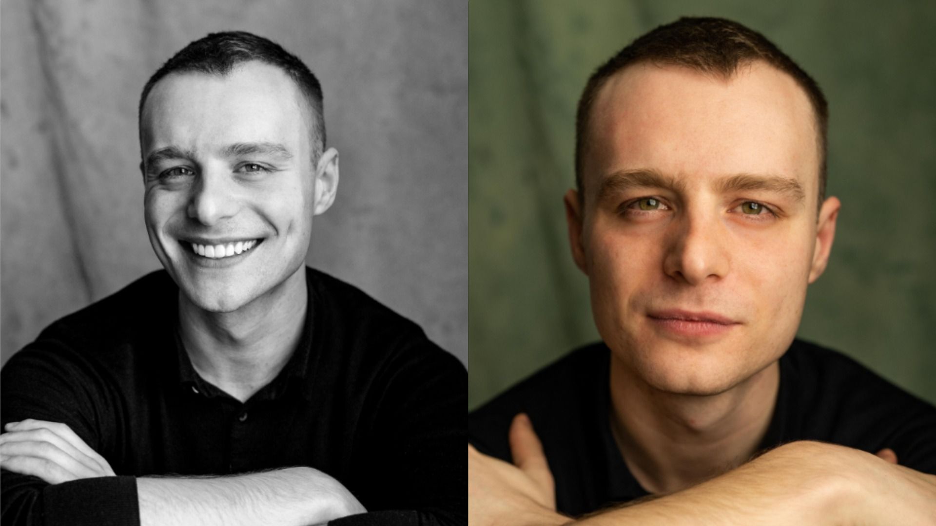 Aktor Luke Tallon uśmiecha się na tle zielonej ściany