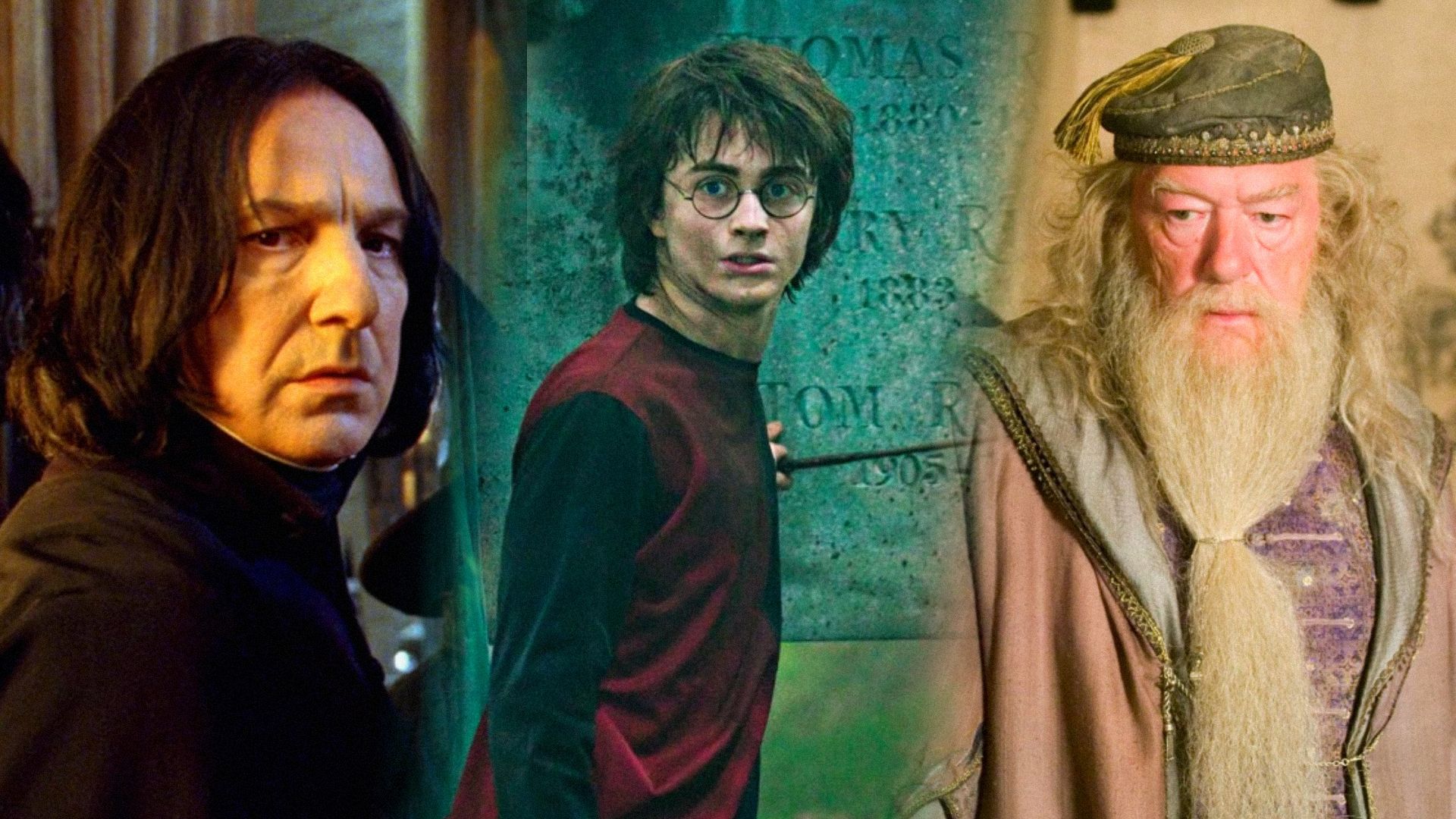 Aktorzy Alan Rickman w czarnej szacie, Daniel Radcliffe z różdżką w ręku, Michael Gambon w szarej szacie
