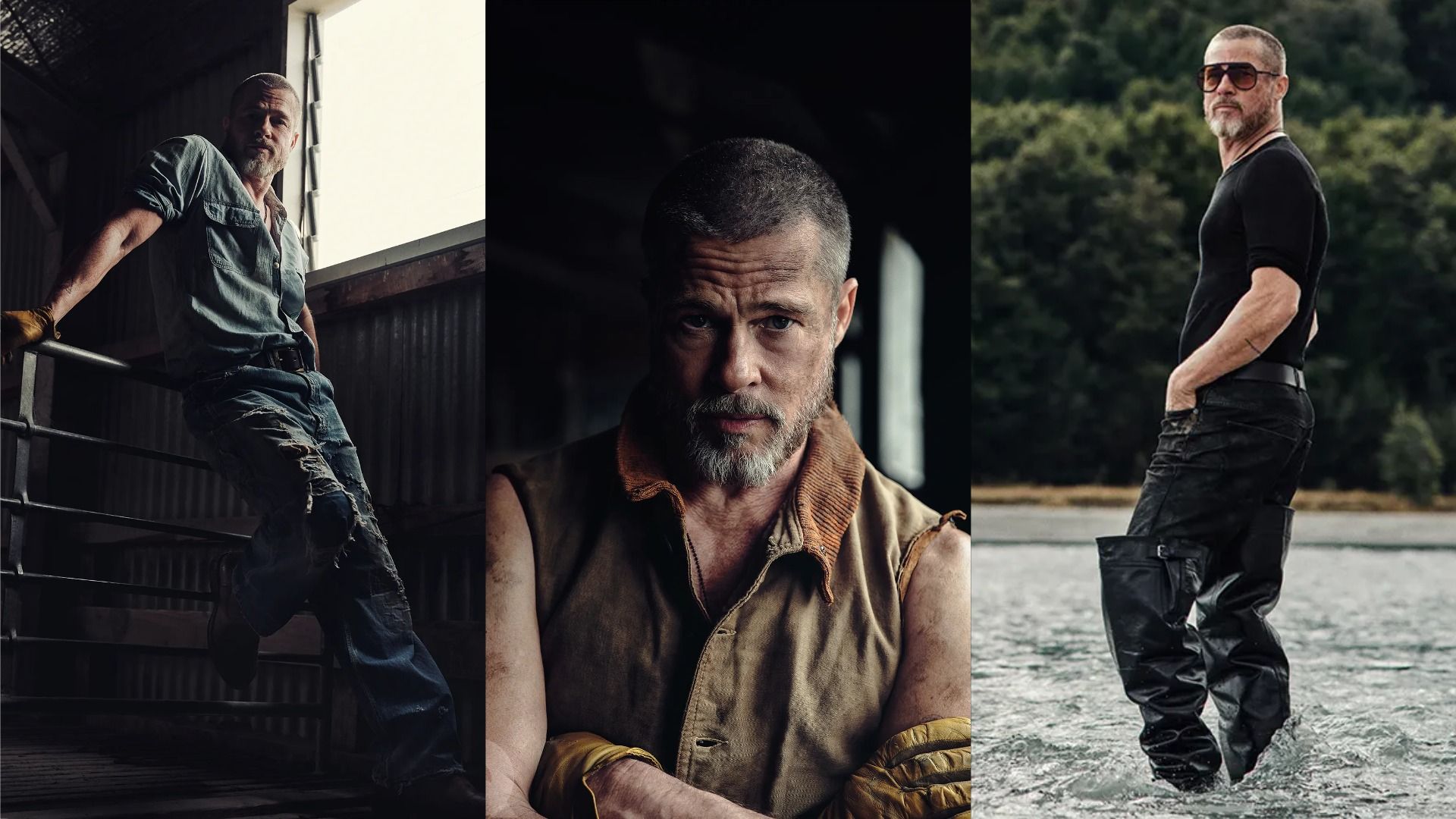 Aktor Brad Pitt w długich butach, podartych dżinsach i brudnych ubraniach pozujący na tle wody i okna
