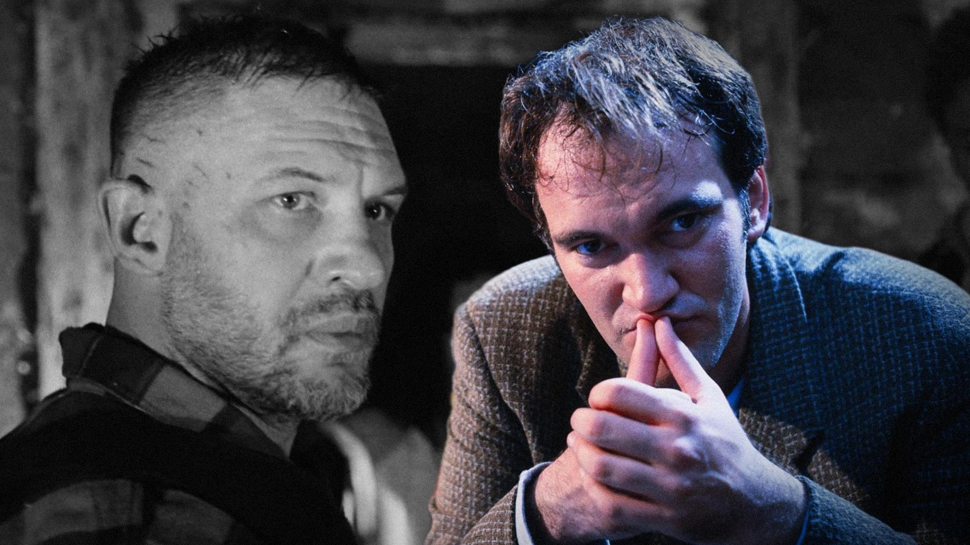Aktor Tom Hardy patrzy na bok oparty o ścianę, reżyser Quentin Tarantino trzyma głowę w dłoniach