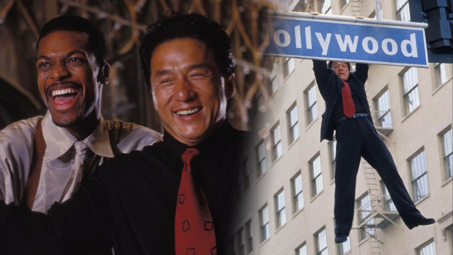 Aktorzy Jackie Chan i Chris Tucker uśmiechający się na tle brązowego tła