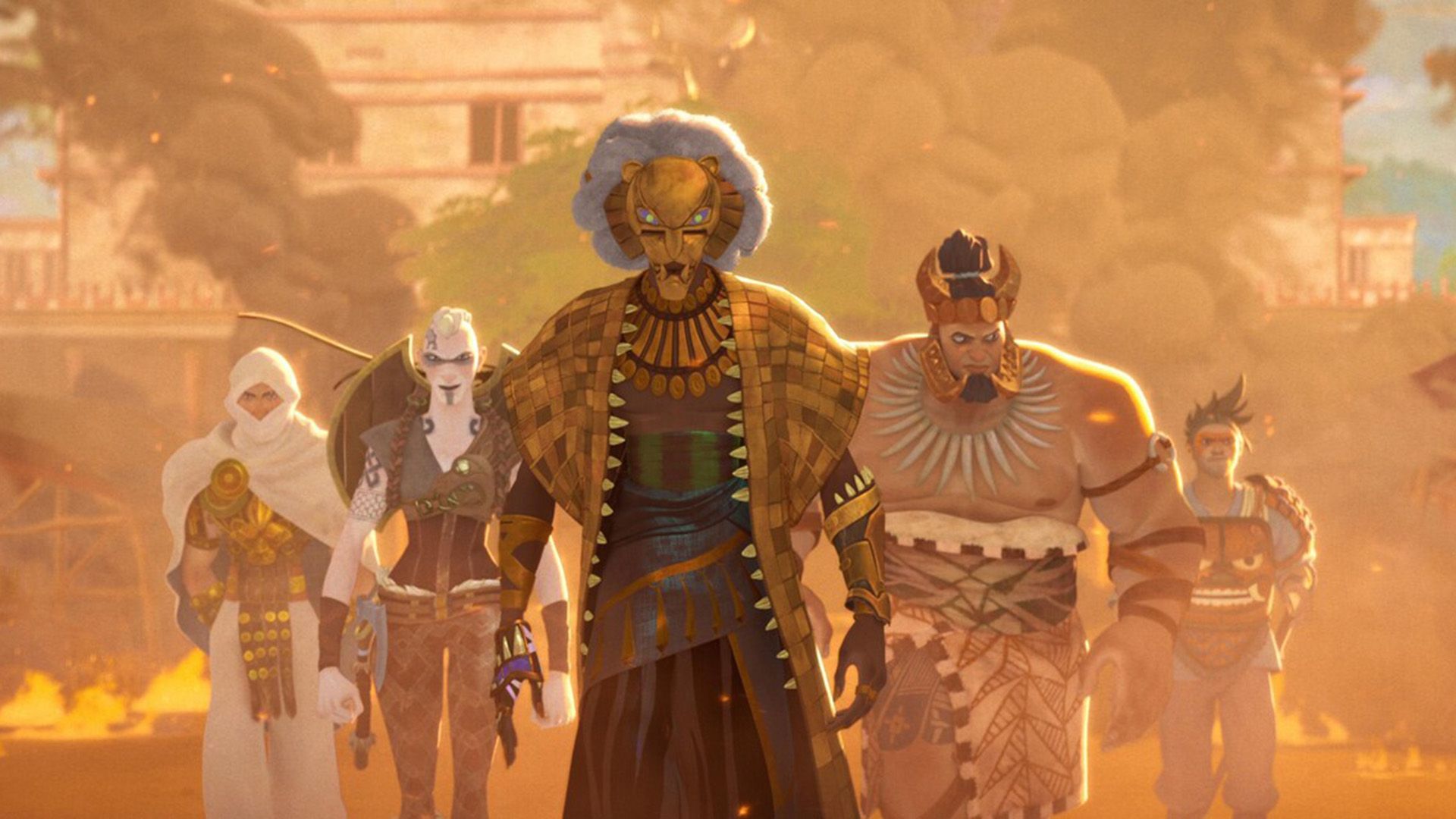Scena z filmu animowanego "Eyes of Wakanda": pięciu bohaterów w kolorowych kostiumach idzie naprzód w pomarańczowej mgle