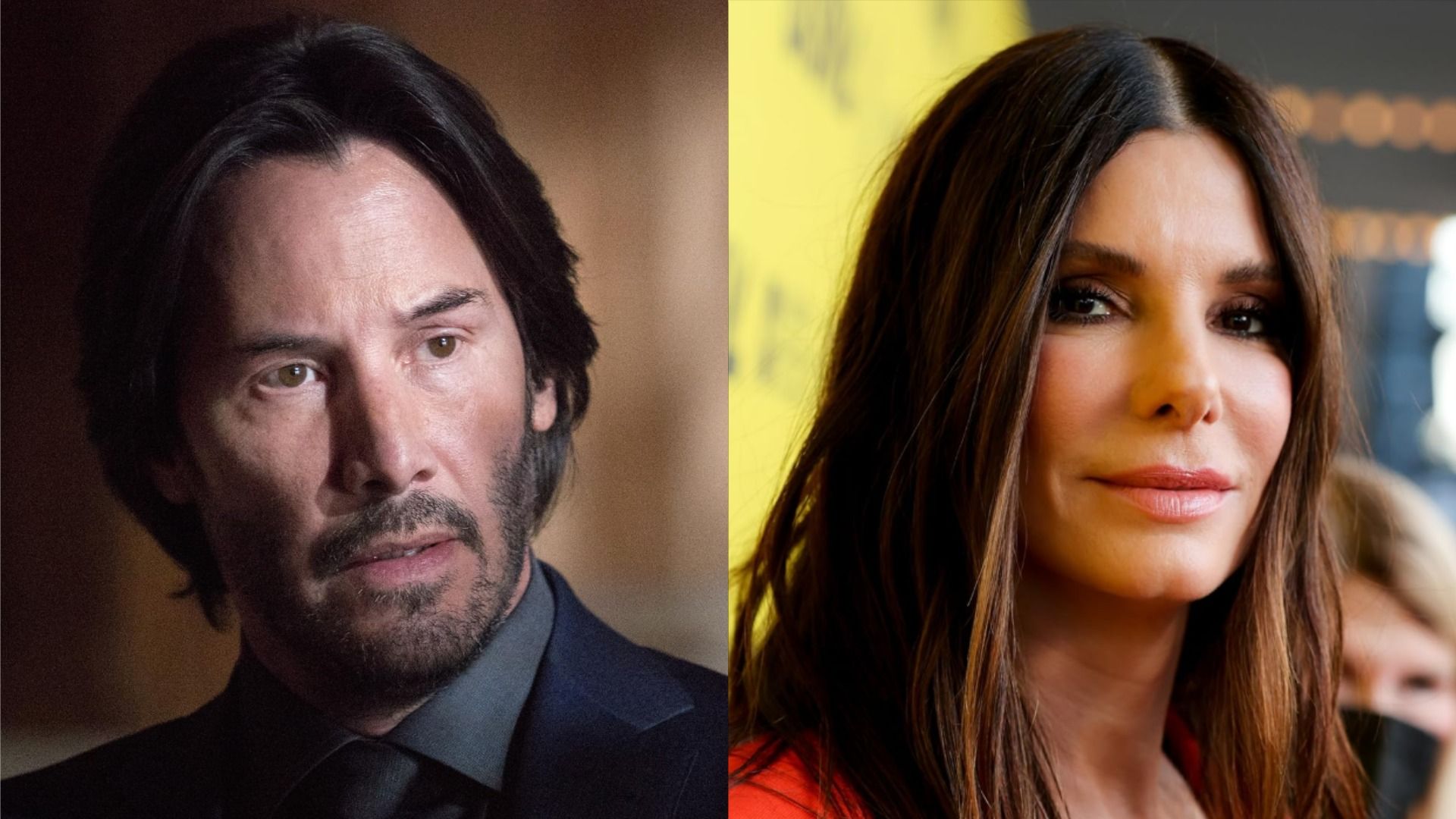 Aktor Keanu Reeves w marynarce patrzy w bok na brązowym tle, aktorka Sandra Bullock uśmiecha się do kamery na żółtym tle