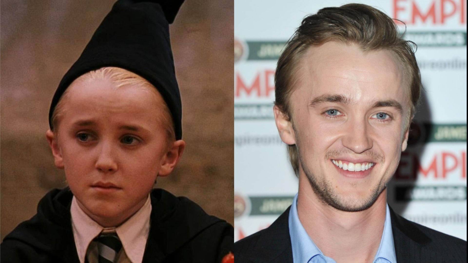 Aktor Tom Felton w czarnej kurtce patrzy w kamerę i uśmiecha się na tle plakatu reklamowego