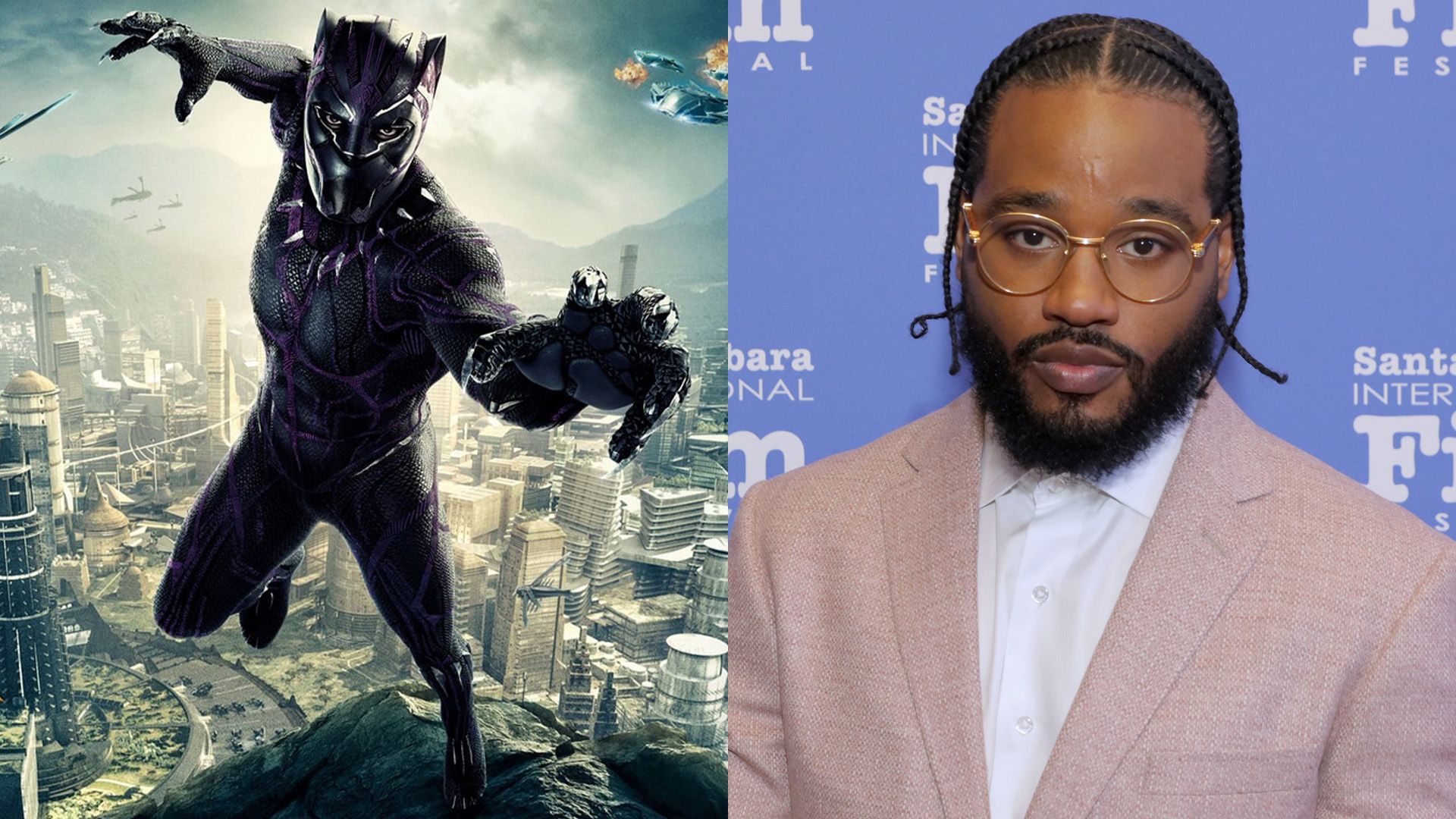 Kolaż: Chadwick Boseman jako Black Panther z filmu 'Black Panther'; reżyser Ryan Coogler w okularach i beżowej kurtce