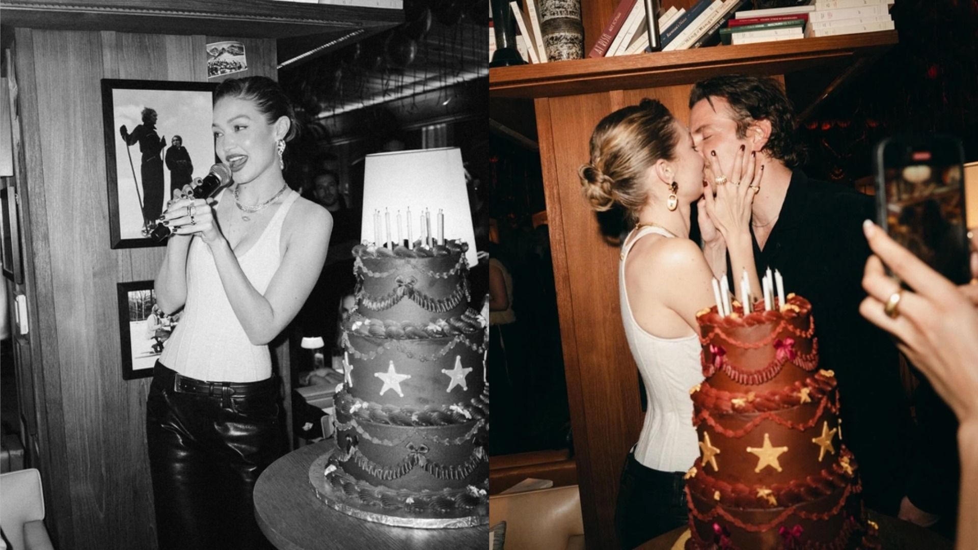 Modelka Gigi Hadid w białym gorsecie całuje aktora Bradley'a Coopera w usta na tle półki wypełnionej książkami