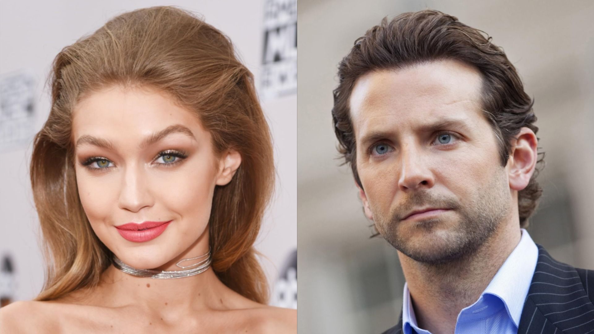 Modelka Gigi Hadid patrzy w kamerę i uśmiecha się, aktor Bradley Cooper patrzy w bok