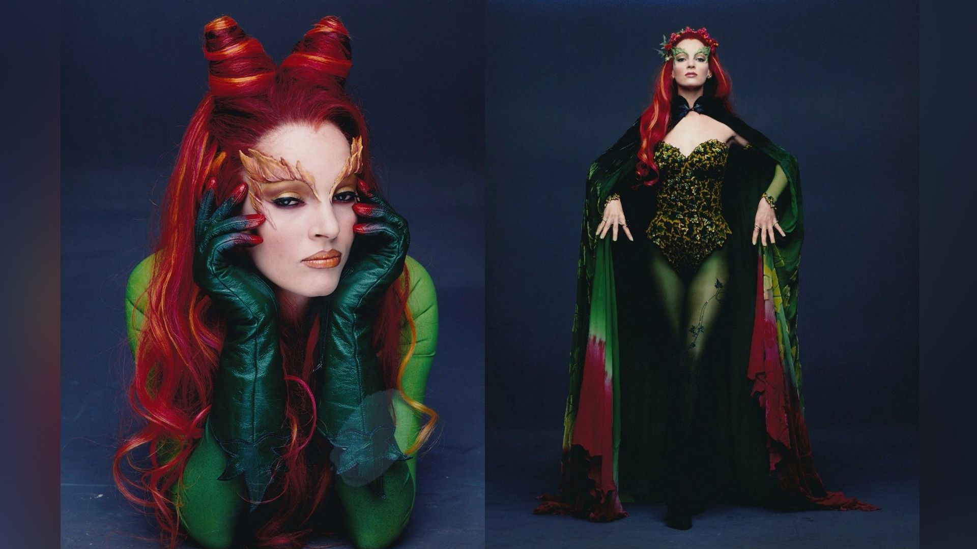 Kolaż: Uma Thurman jako Poison Ivy z filmu 'Batman & Robin' w pełnej wysokości i zbliżeniu