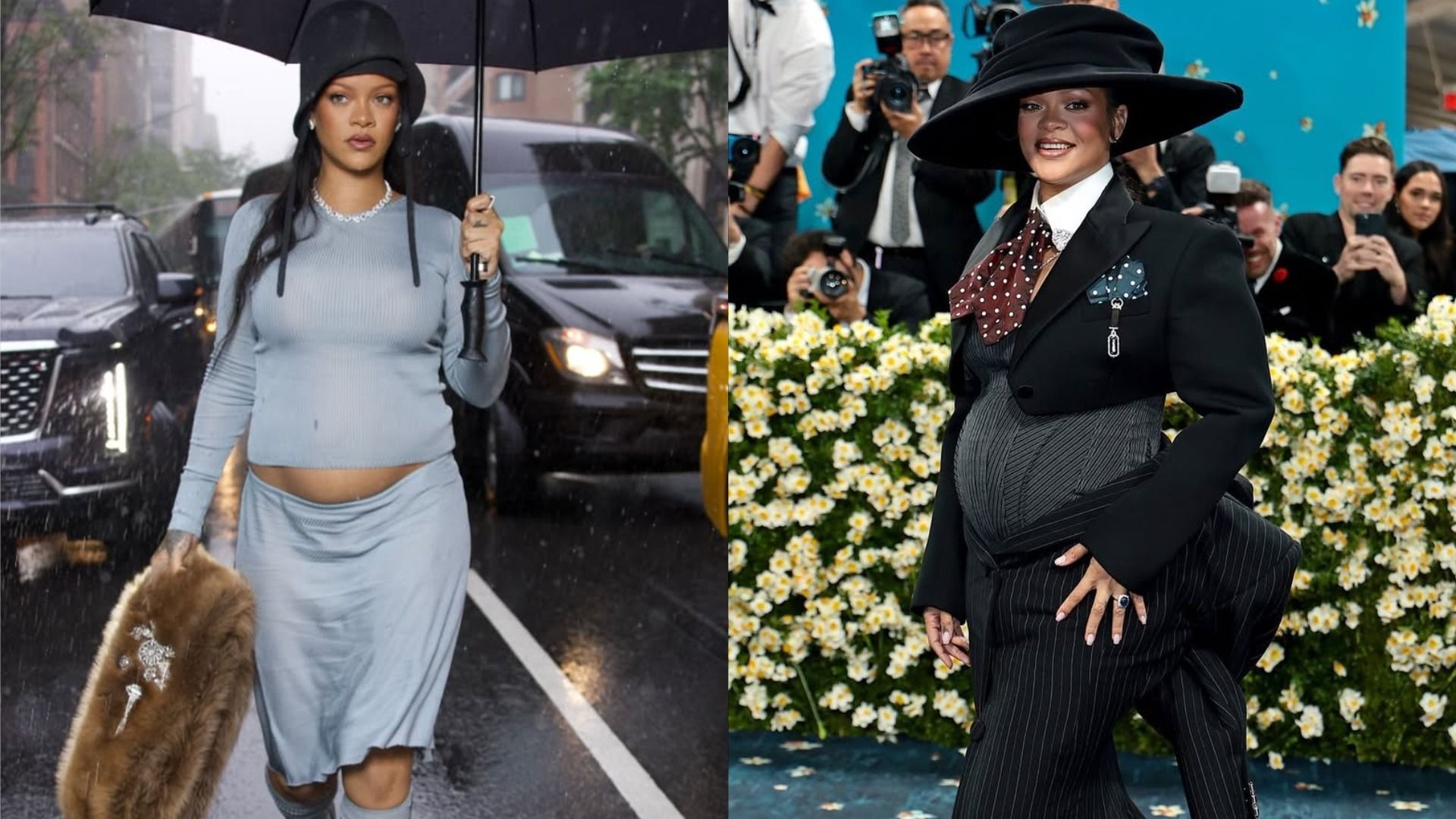 Piosenkarka Rihanna z zaokrąglonym brzuchem idzie ulicą z parasolem podczas deszczu w szarej spódnicy