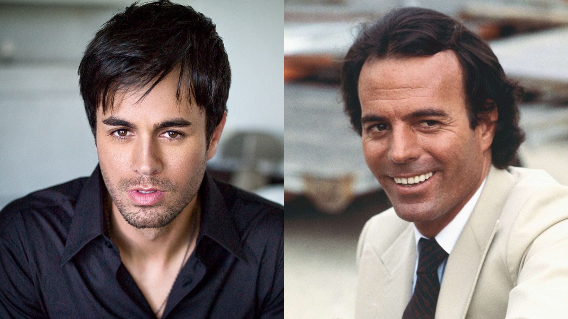 Kolaż: Enrique Iglesias w czarnej koszuli i Julio Iglesias w beżowej marynarce