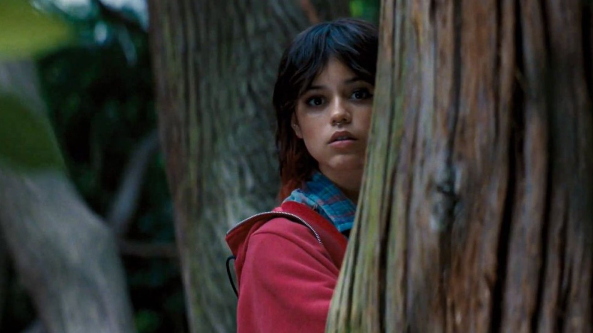 Aktorka Jenna Ortega wygląda zza drzewa, ubrana w różowy sweter