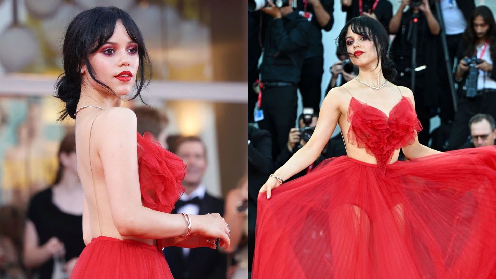 Jenna Ortega w czerwonej sukni z otwartymi plecami i detalem serca na piersi, kolaż dwóch zdjęć