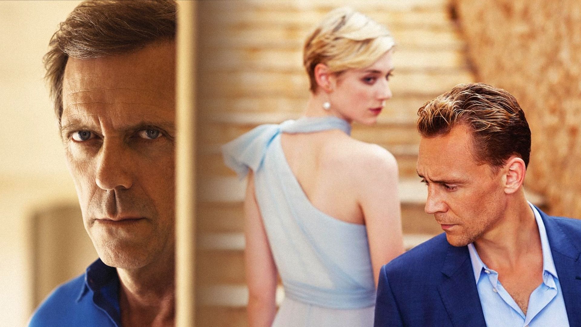 Aktor Hugh Laurie wygląda zza rogu, po jego prawej stronie aktor Tom Hiddleston stoi w niebieskiej kurtce w pozycji trzy czwarte