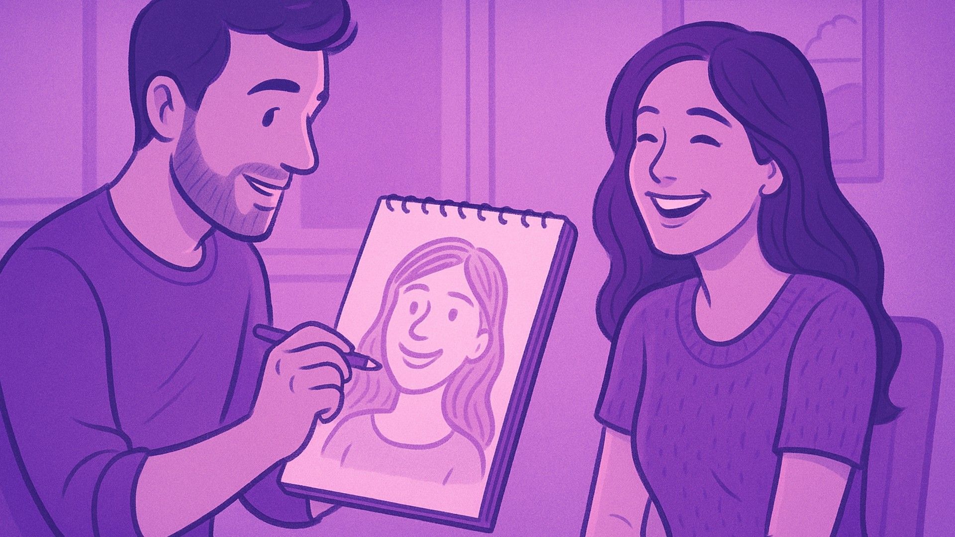A man is drawing a portrait of a woman, it doesn't look much like her, but she is pleased