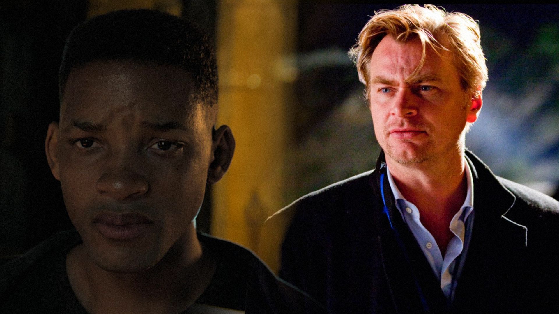 Will Smith w czarnej kurtce i reżyser Christopher Nolan w czarnym płaszczu patrzący w bok