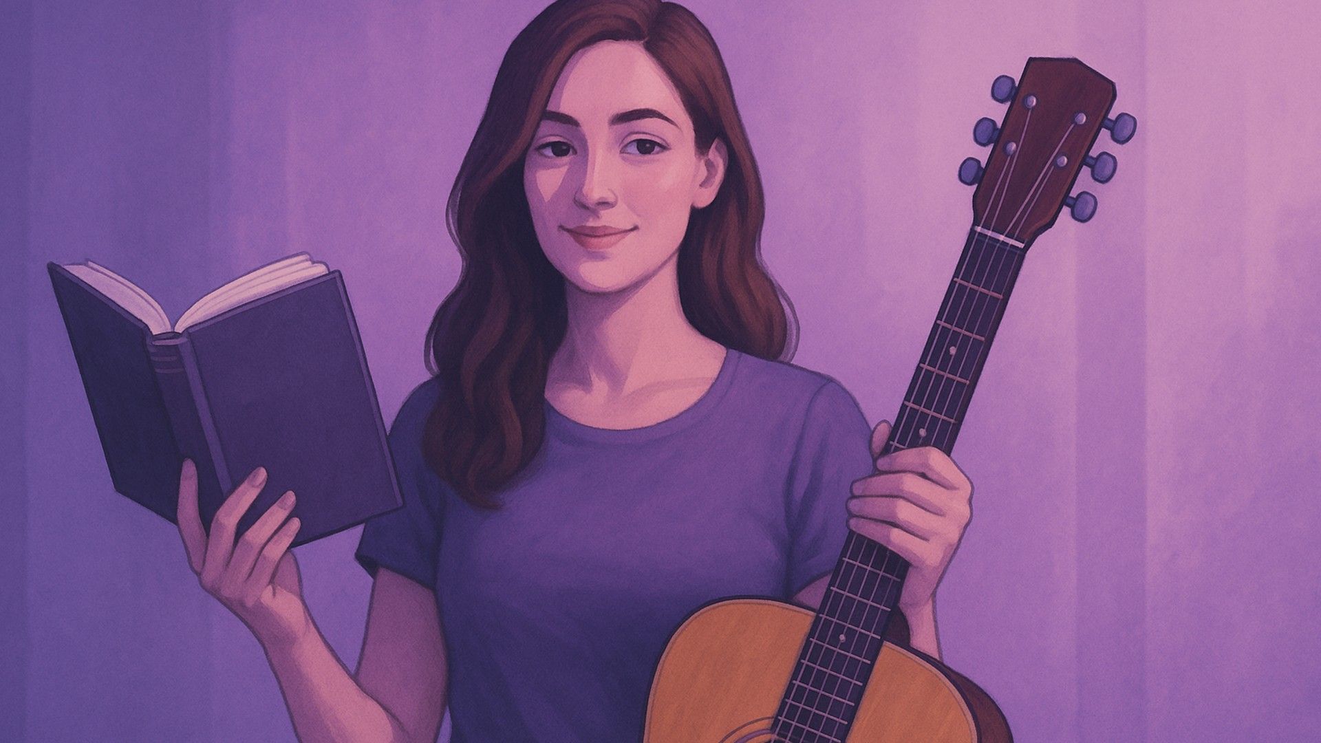 Kobieta z książką i gitarą — klasyczna literatura w jednej ręce, instrument muzyczny w drugiej,