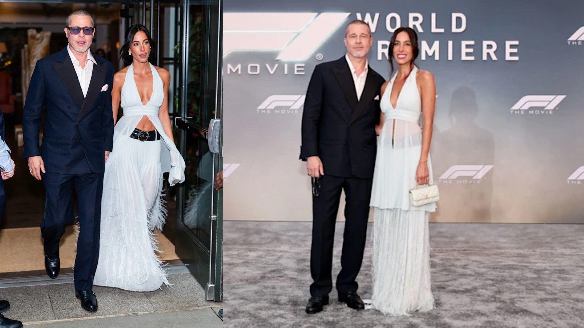 Brad Pitt w ciemnym garniturze i Ines de Ramon w białym topie i spódnicy pozują do zdjęć