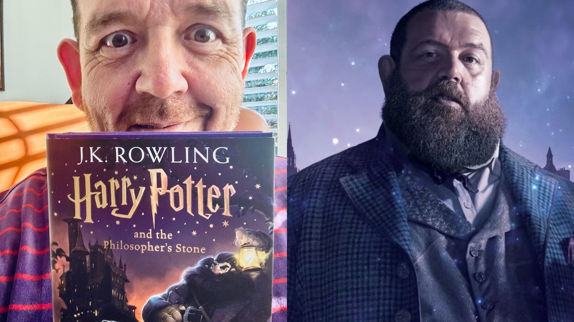 Po prawej Nick Frost na fioletowym tle w garniturze, po lewej trzyma książkę "Harry Potter i Kamień Filozoficzny"