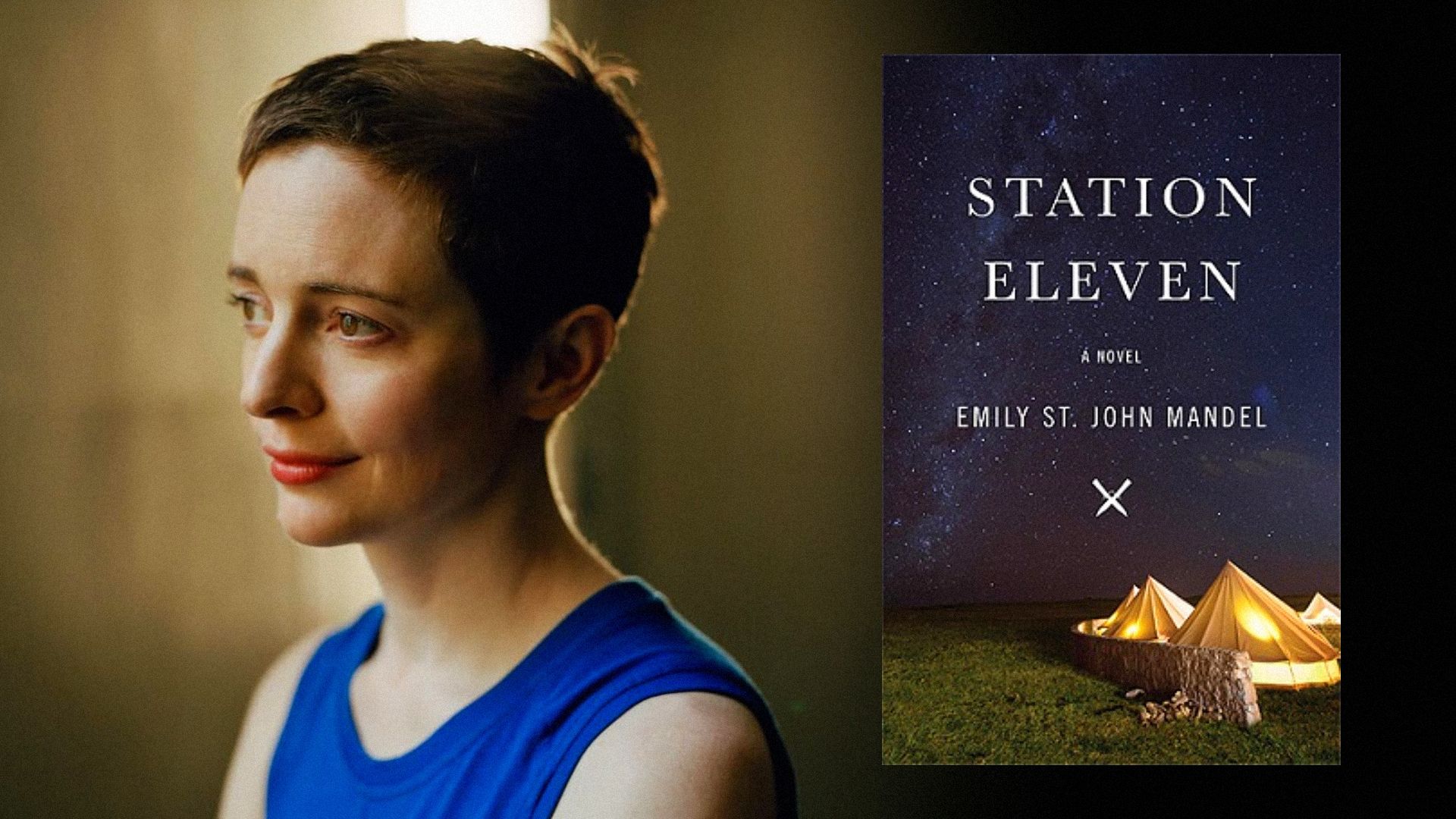 Pisarka Emily St. John Mandel w niebieskiej sukience z książką ze zdjęciem namiotów
